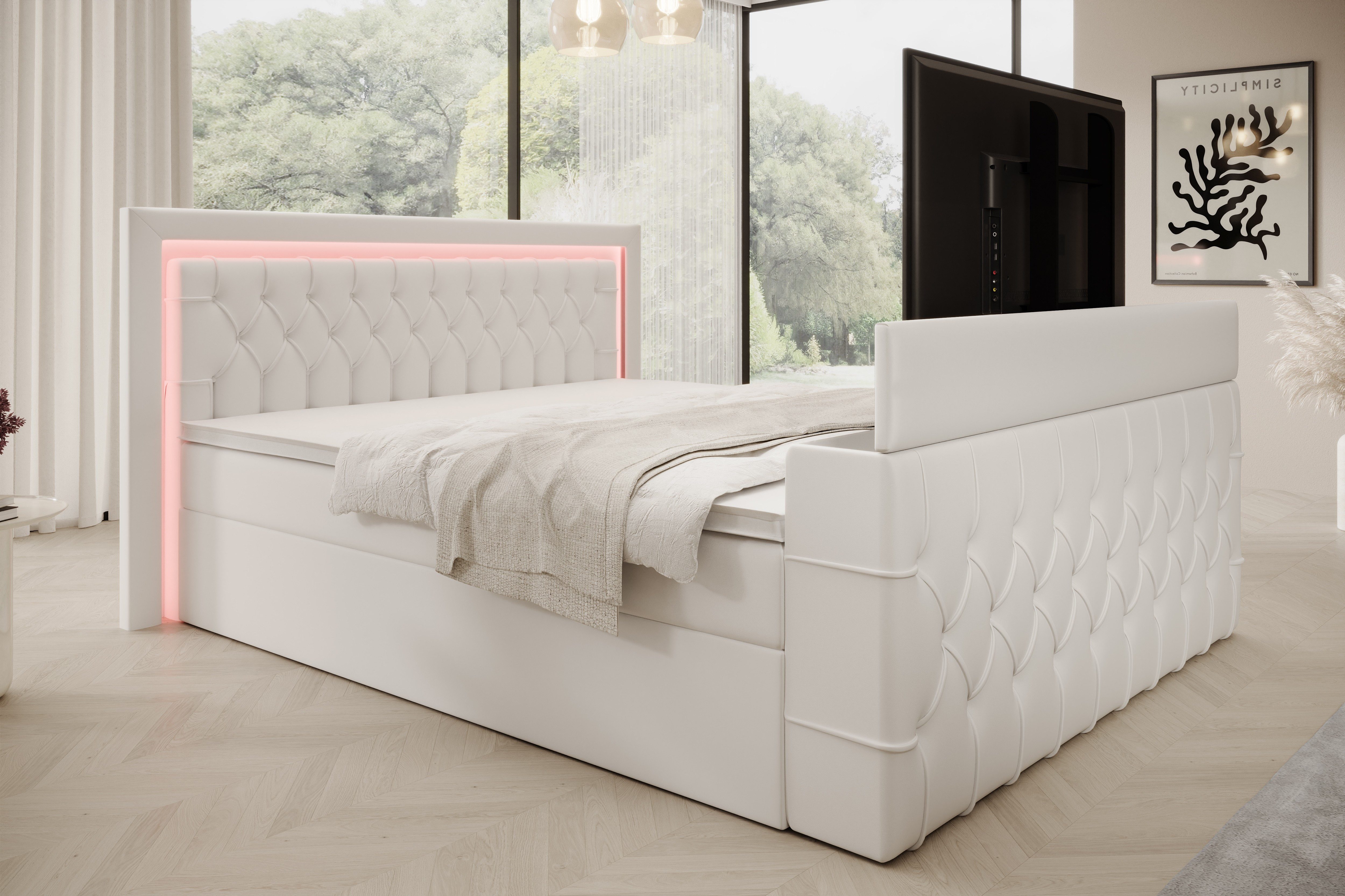 PROMETO Möbel Boxspringbett Doppelbett 180x200cm mit Matratze, Bettkasten TV-Lift LED Beleuchtung – Bild 4 von 5