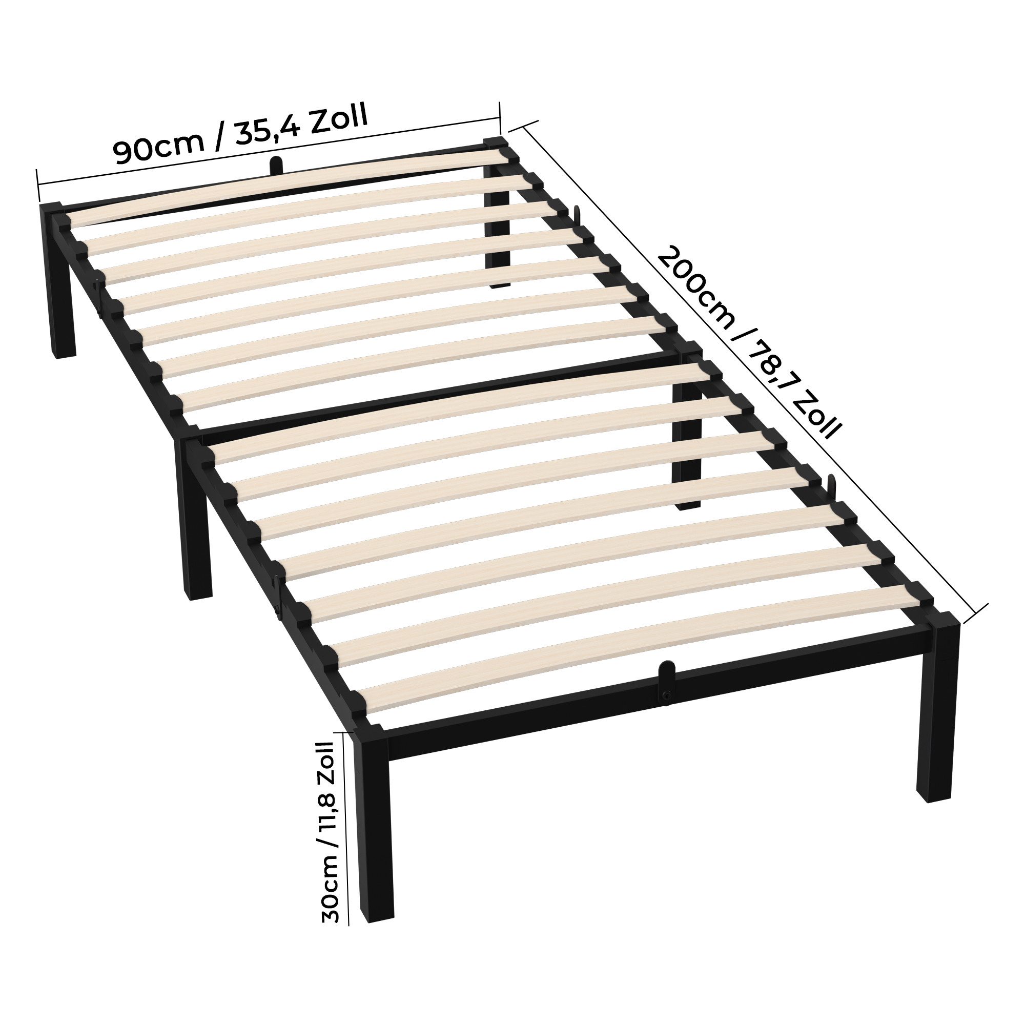 GLIESE Einzelbett 90 x 200 cm Bettgestell (Metallbettgestell), mit Holzlatten, Leise, bodenschonende Pads