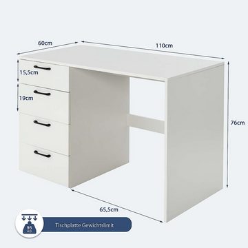 KOMFOTTEU Computertisch Schreibtisch, mit 4 Schubladen, weiß