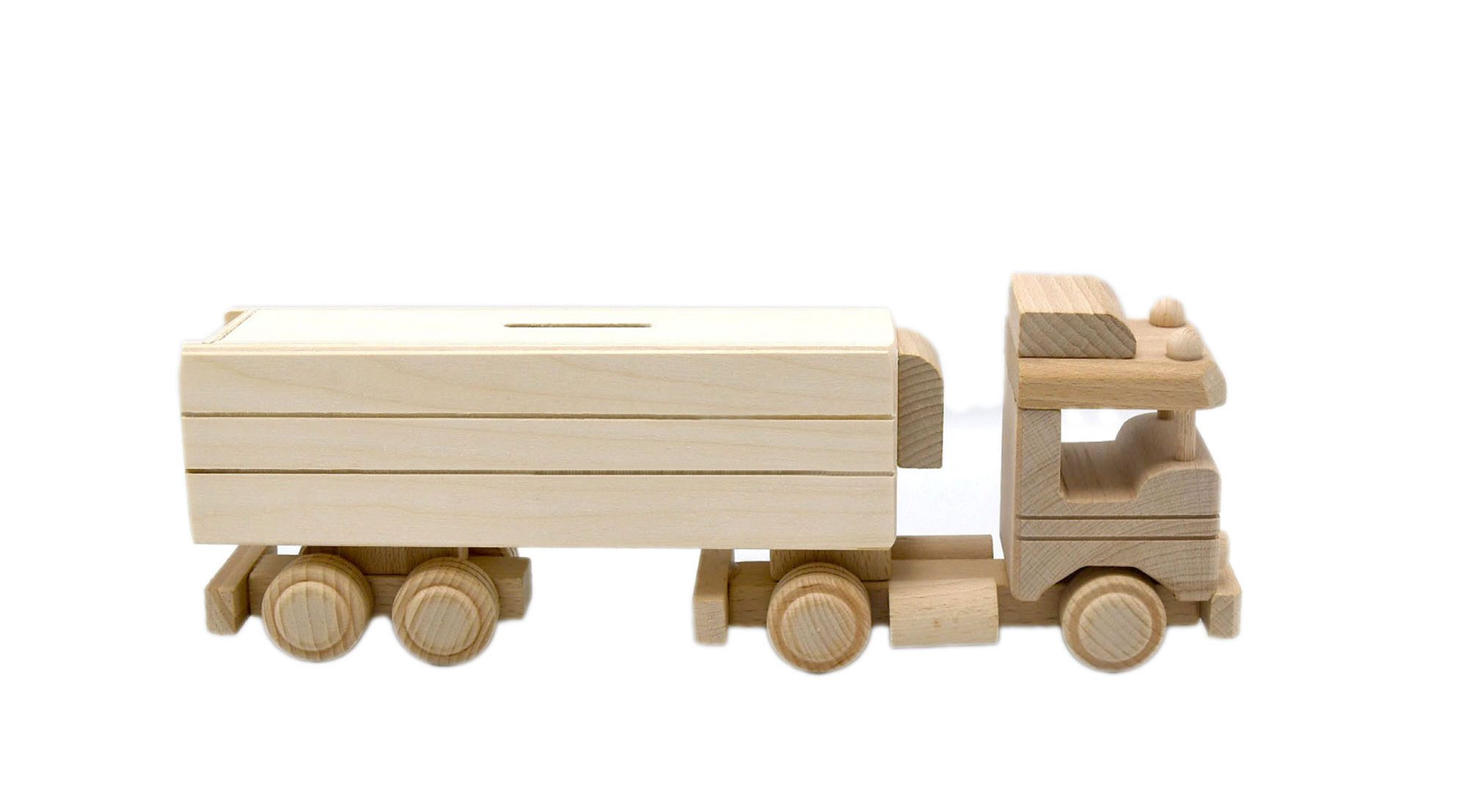 MyBer® Spardose Auto LKW Spardose aus Massivholz mit Anhänger, (2-tlg., mit abnehmbarem Anhänger), Handarbeit Sparschweinchen Holz 30,5 x 11 x 6 cm PM-DG004A