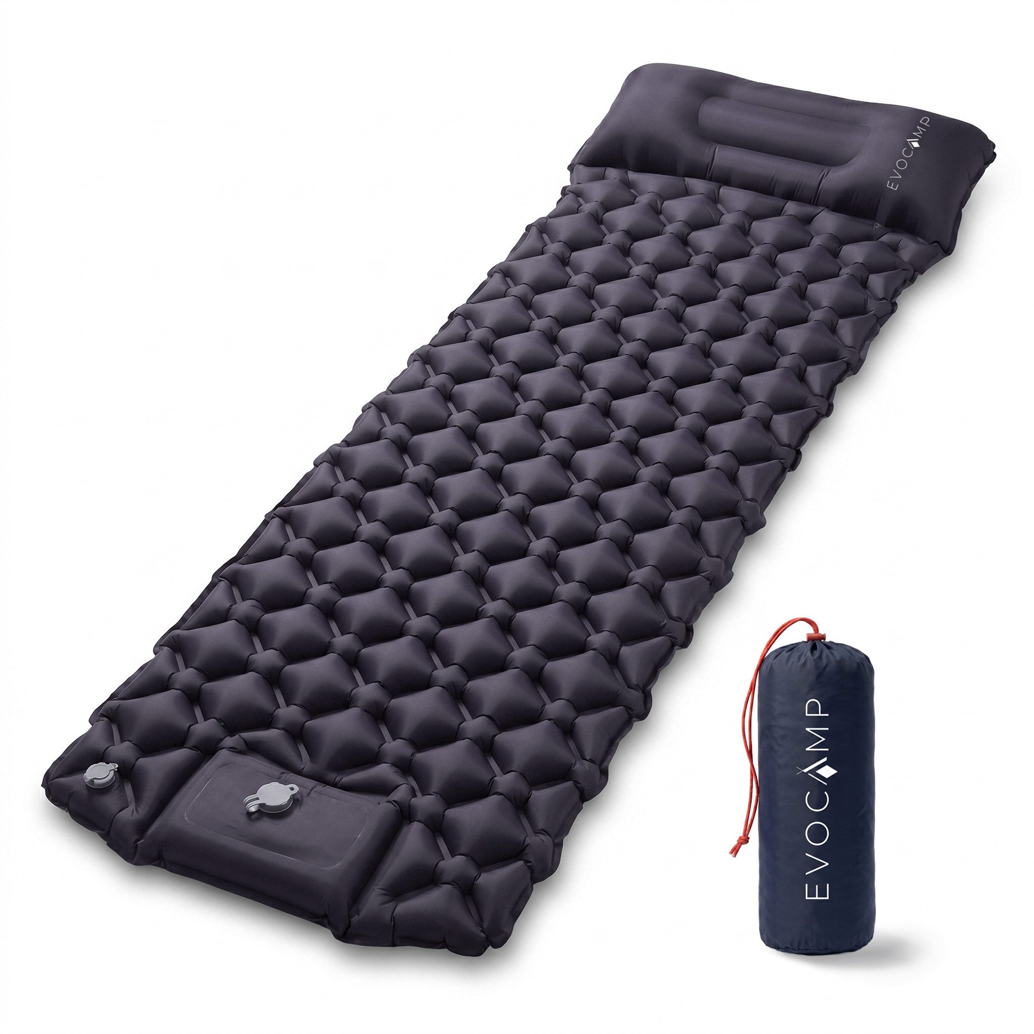 EVOCAMP Isomatte selbstaufblasend 195x60 cm mit integrierter Pumpe und Kissen, (ultraleichte Camping Matratze), mit kleinem Packmaß und Verbindungssystem