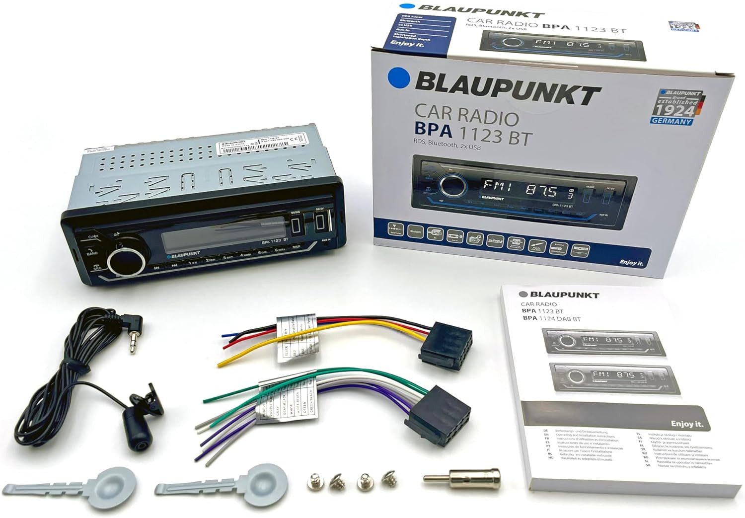 Blaupunkt Blaupunkt BPA 1123 BT 1-DIN Autoradio, BT, USB, Aux-Eingang 4x50W Autoradio (RDS (Radio Data System), PTY (Programme Type), TA (Traffic Announcement), AF (Alternative Frequency), AM/FM-Tuner, Ext. Mikrofon, Sub-Out, Multicolour-Licht, geringe Einbautiefe)