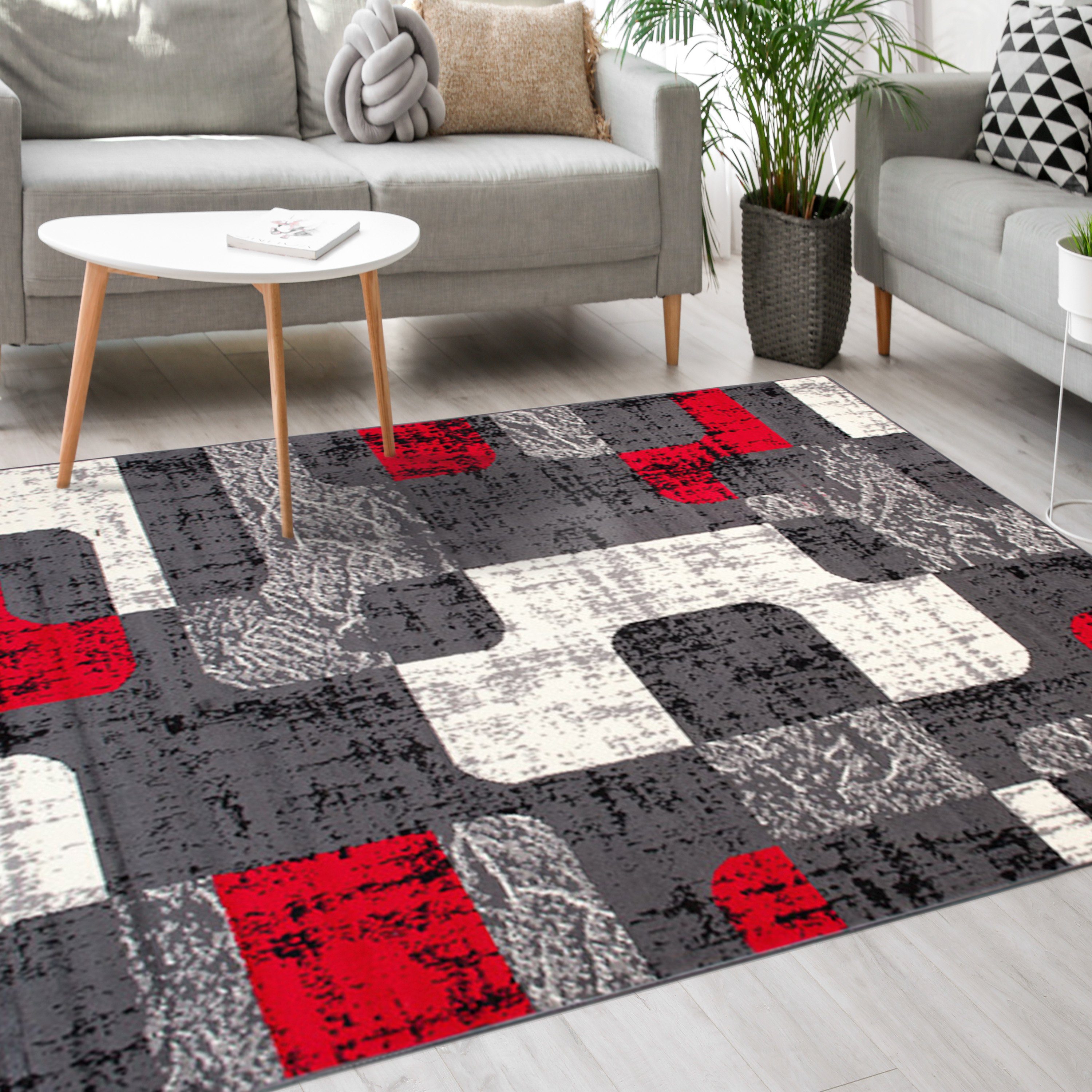 Mazovia Designteppich Retro Geometrisch Rot Anthrazit Wohnzimmer, Schlafzimmer, Büro, Fußbodenheizung