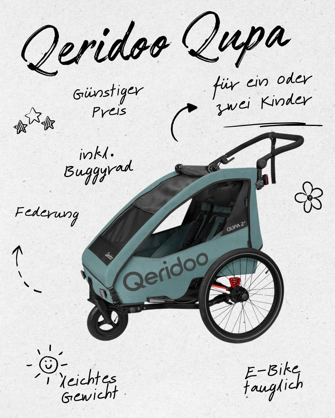 Qeridoo Fahrradkinderanhänger Qupa Plus 2 - Kinderfahrradanhänger für 2 Kinder – Bild 4 von 5