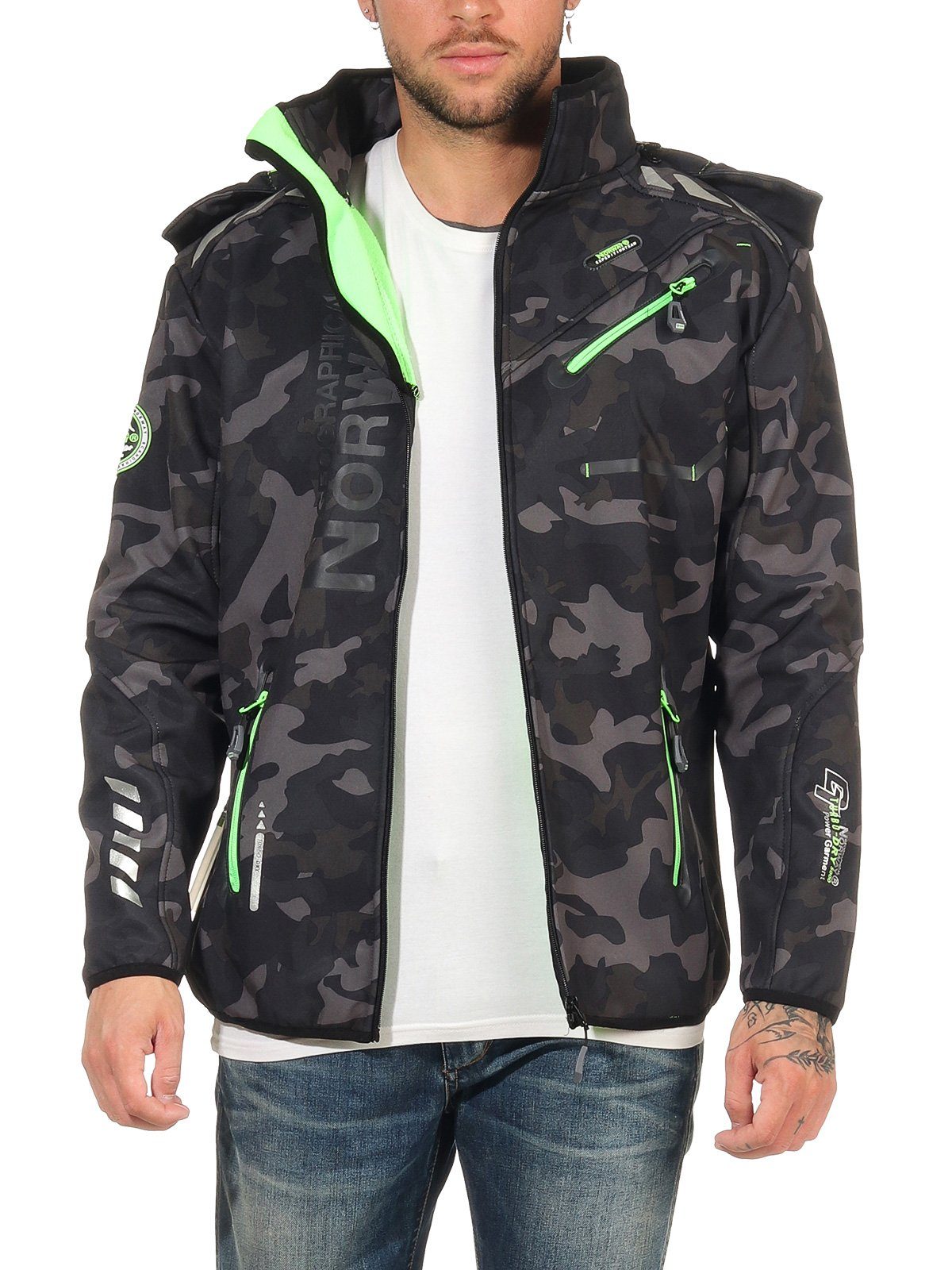 G-River leyoley - Wander Softshelljacke by Norway abnehmbarer Herren Geographical mit / Jacke Norway Schwarz Softshelljacke Übergangsjacke, Geographical Grün Kapuze, Camo Sport Windbreaker,