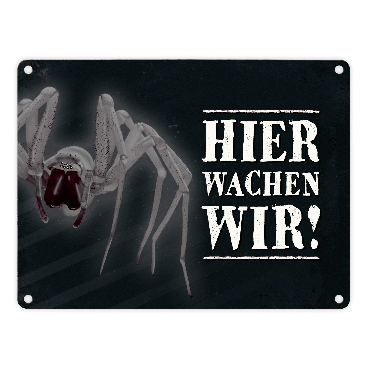 Metallschild Metallschild mit Spinne Motiv und Spruch: Hier wachen wir!
