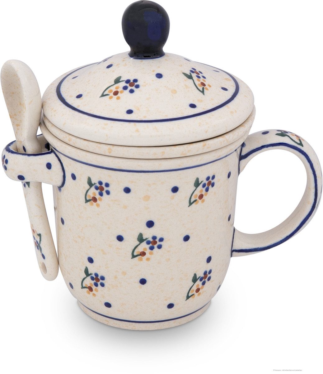Bunzlauer Keramik Becher Bunzlauer Keramik 270ml Teebecher mit Deckel, Teesieb,Löffel Dekor 111, Keramik