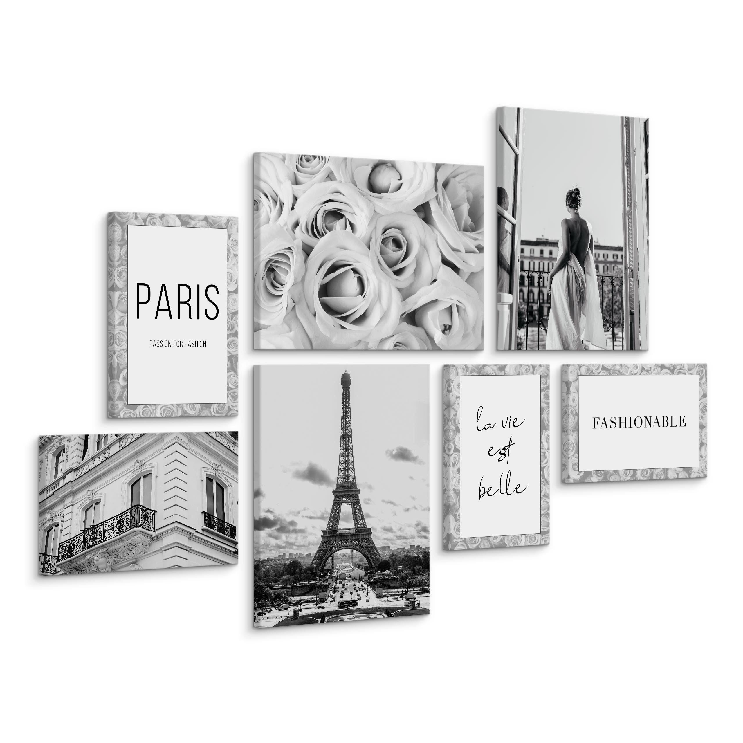Muralo Mehrteilige Bilder Wandbilder Set Leinwand – Leinwandbild mehrteilig Wohnzimmer, Blumen (Set, 7 St), 3x 30x40 cm + 4x 20x30 cm – Paris – Frau mit Blumen – Muster 10