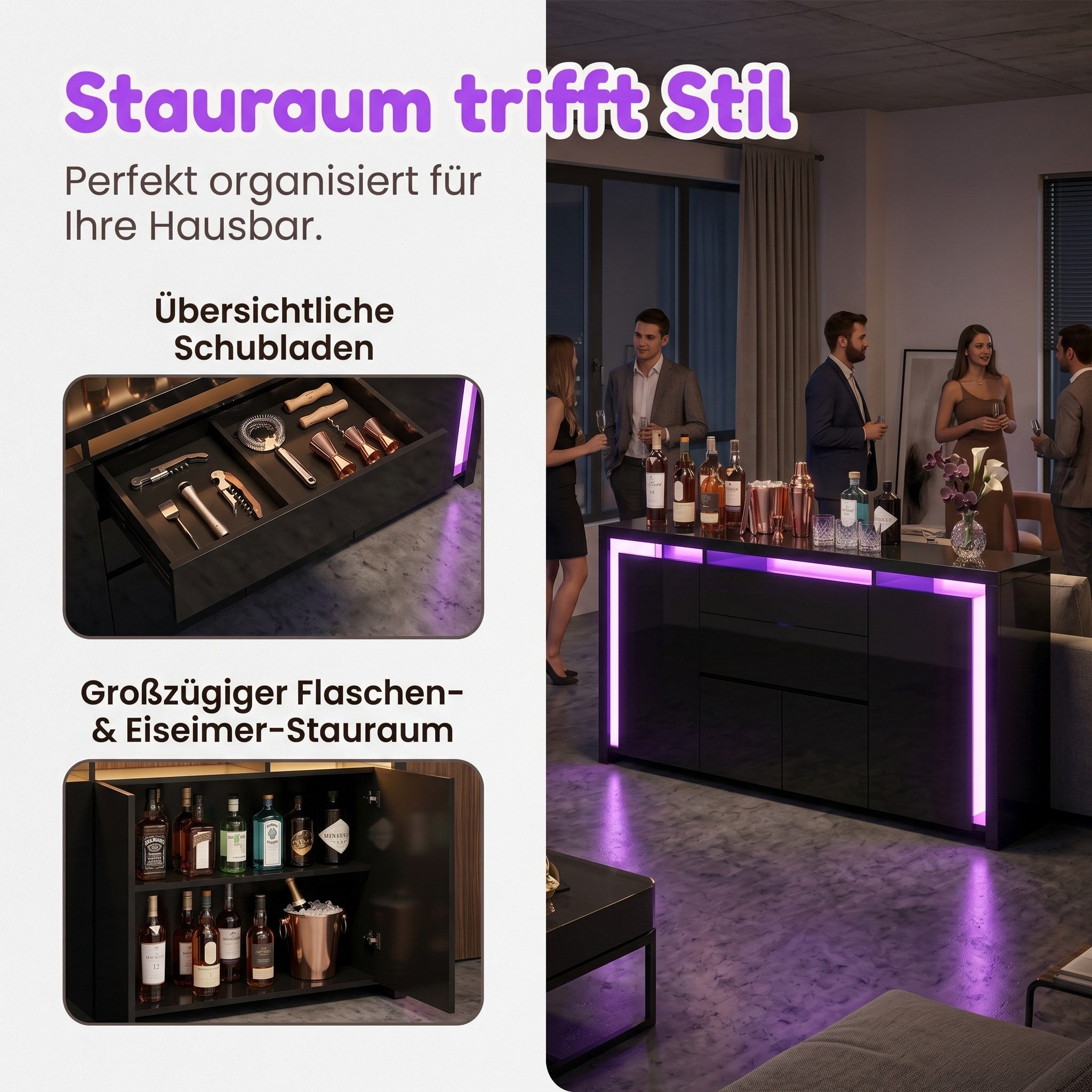 PXloue Kommode Hochglanz Sideboard (LED-Ambientebeleuchtung) Breite 160 cm, Beistellschrank mit 4 Fächern und 2 Schubladen( Push-to-open-Funktion)