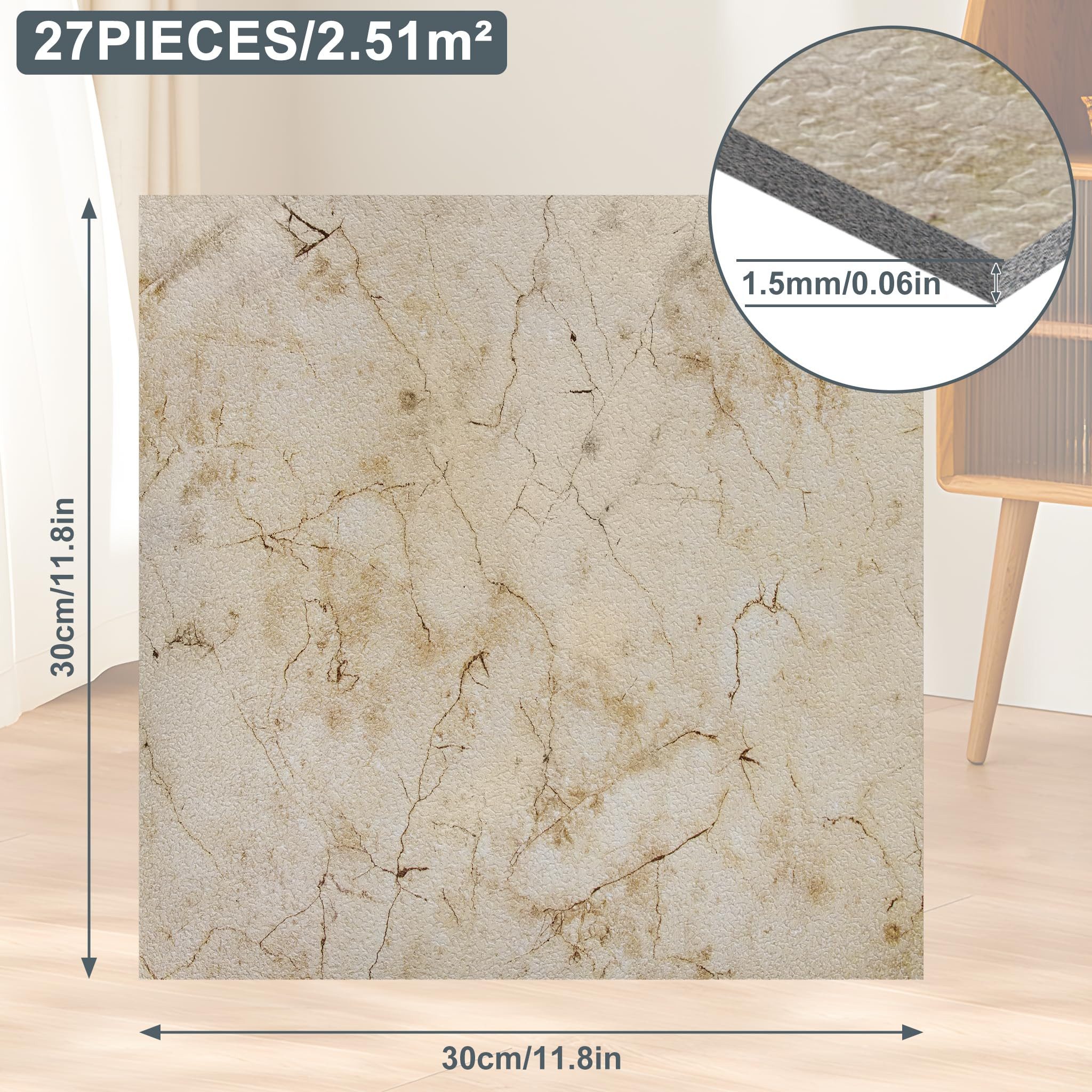 FIVMEN Vinylboden PVC Bodenbelag Selbstklebend Vinylboden Bodenfliesen 30cm×30cm, 27 Stück, 2.51m², Fliesenaufkleber Rutschfeste Venylbodenbelag für Schlafzimmer, Küche