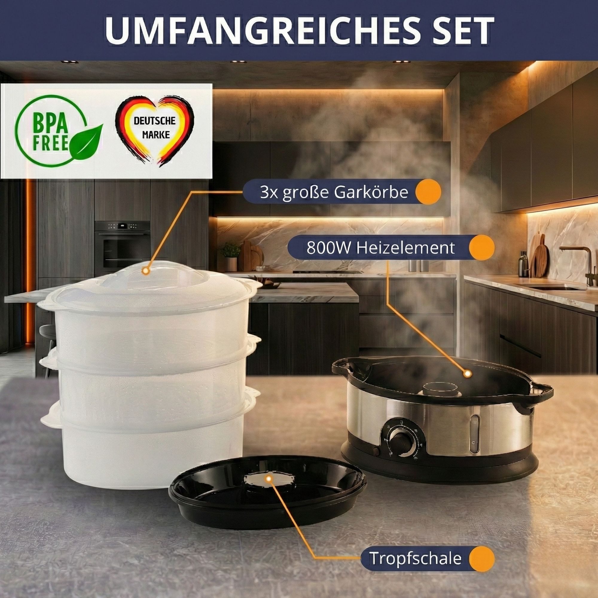 Sommertal Dampfgarer Sommertal Dampfgarer STEAMY800 Dämpfer 800W 3 Schicht Topf