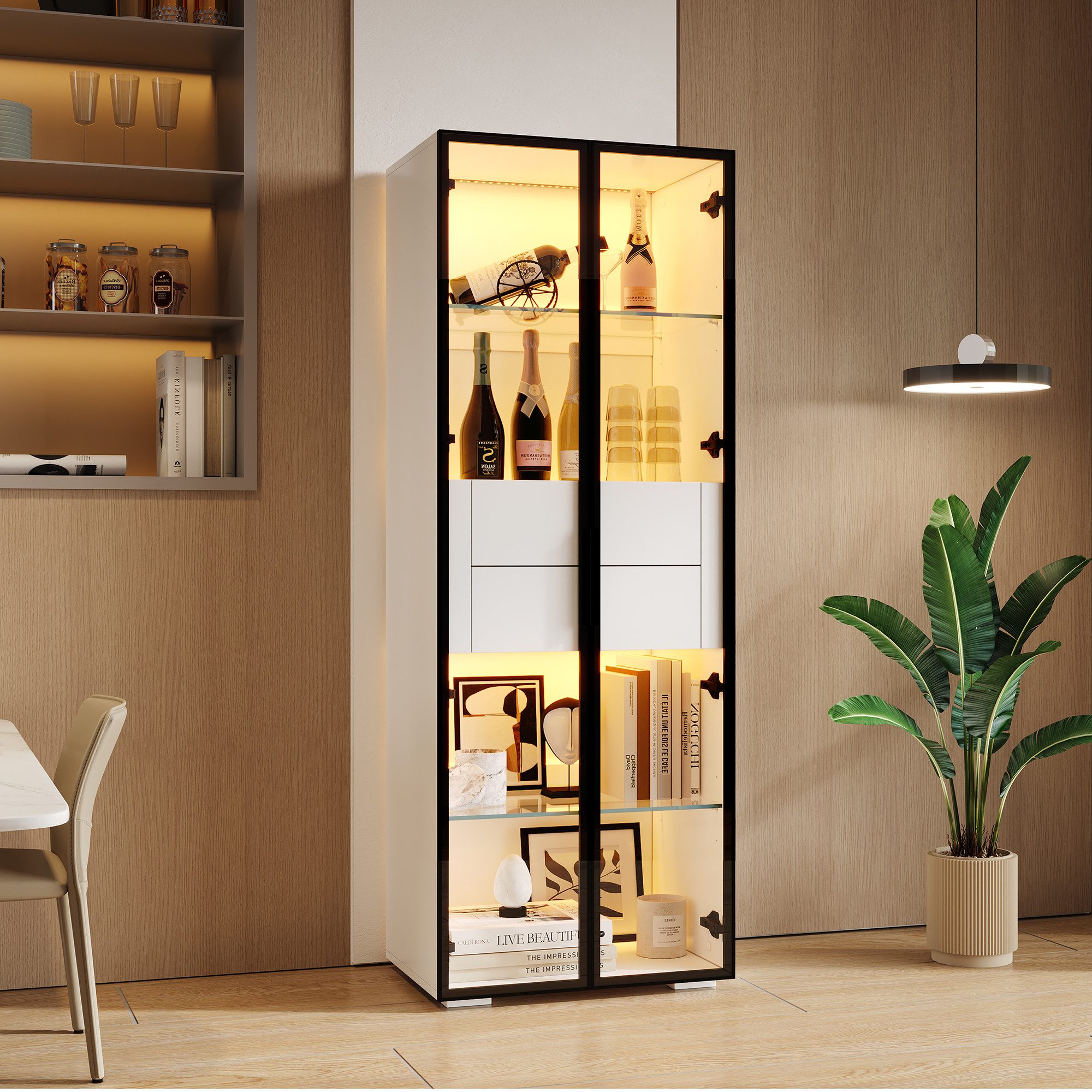 Merax Standvitrine Glasvitrine mit LED-Beleuchtung und Stauraum (Wohnzimmerschrank Standregal Schrank, 60×40×160cm, 1-St) Vitrine mit Hartglastür, 2 verstellbar – Bild 3 von 5
