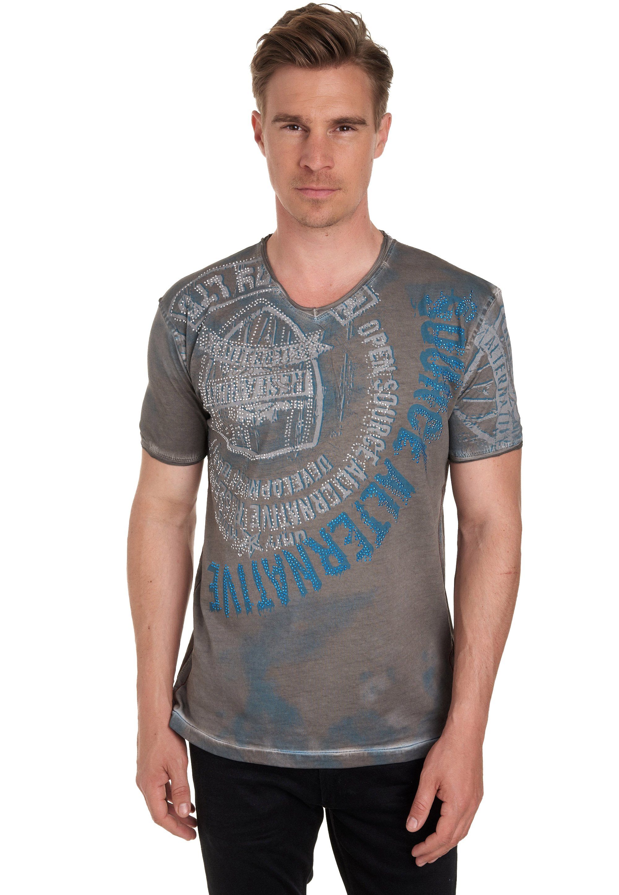 Rusty Neal T-Shirt mit Strasssteinen und Frontprint anthrazit