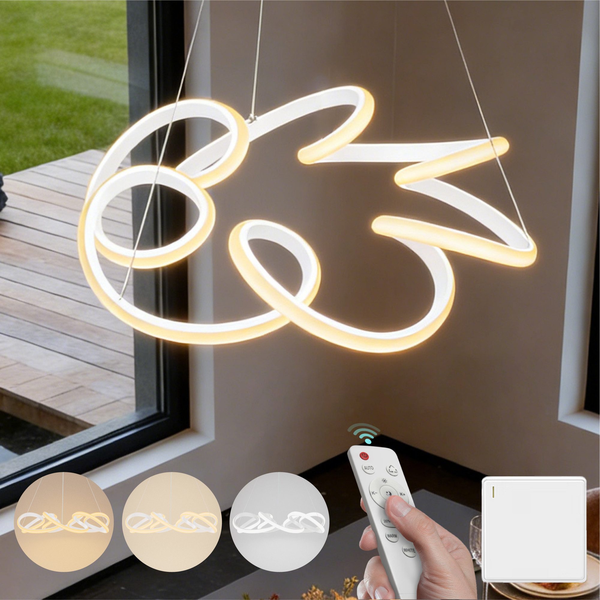 Mai & Mai Pendelleuchte Pendellampe LED Hängelampe Weiß höhenverstellbar 67W Alivetta25040, LED-Pendelleuchte aus Kohlenstoffstahl und Silikon