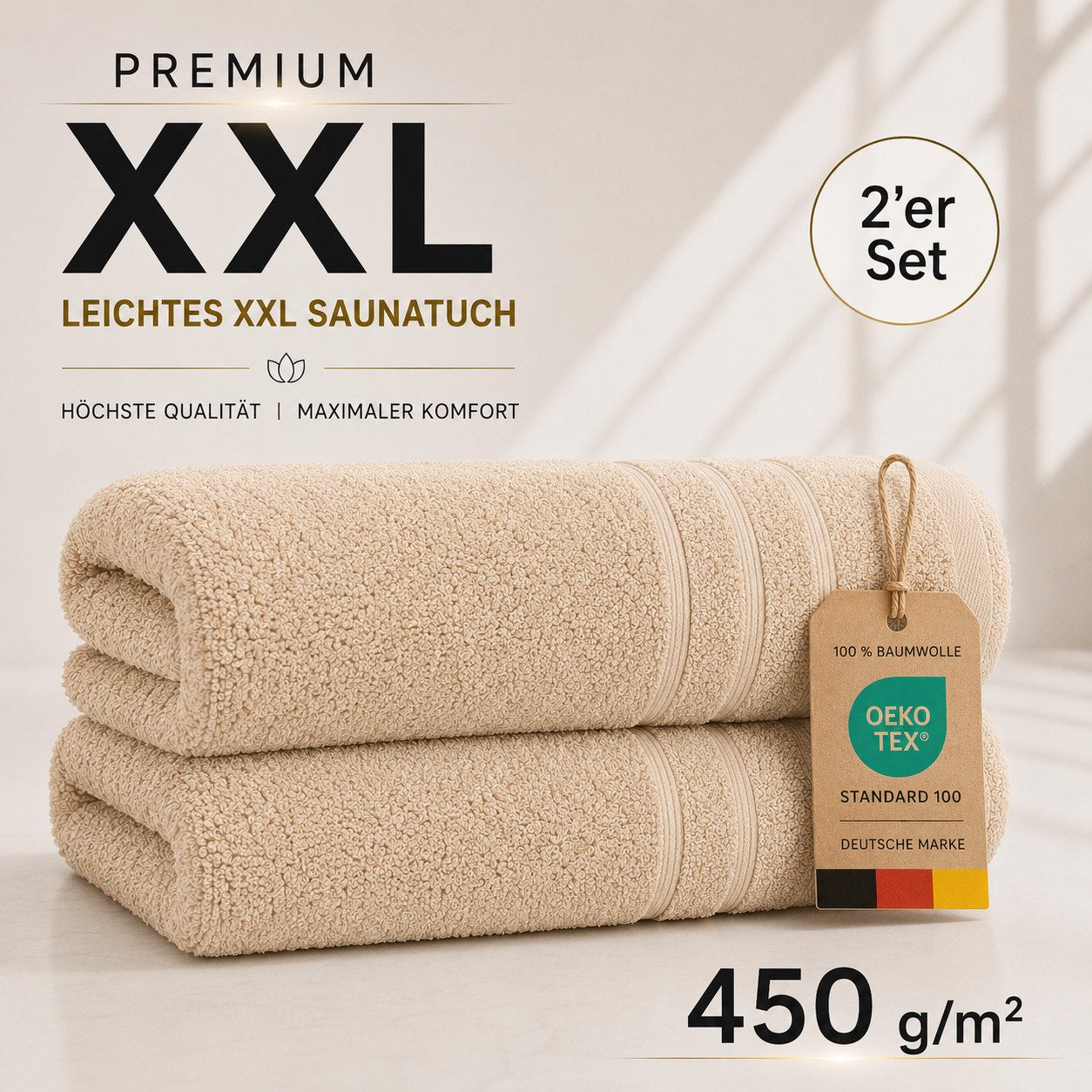 Komfortec Saunatuch 2er Set extra Große - Premium Badetuch - 80x200 XXL, Frottee (2-St), extra Große, 100% Baumwolle, Weich, Schnelltrocknend