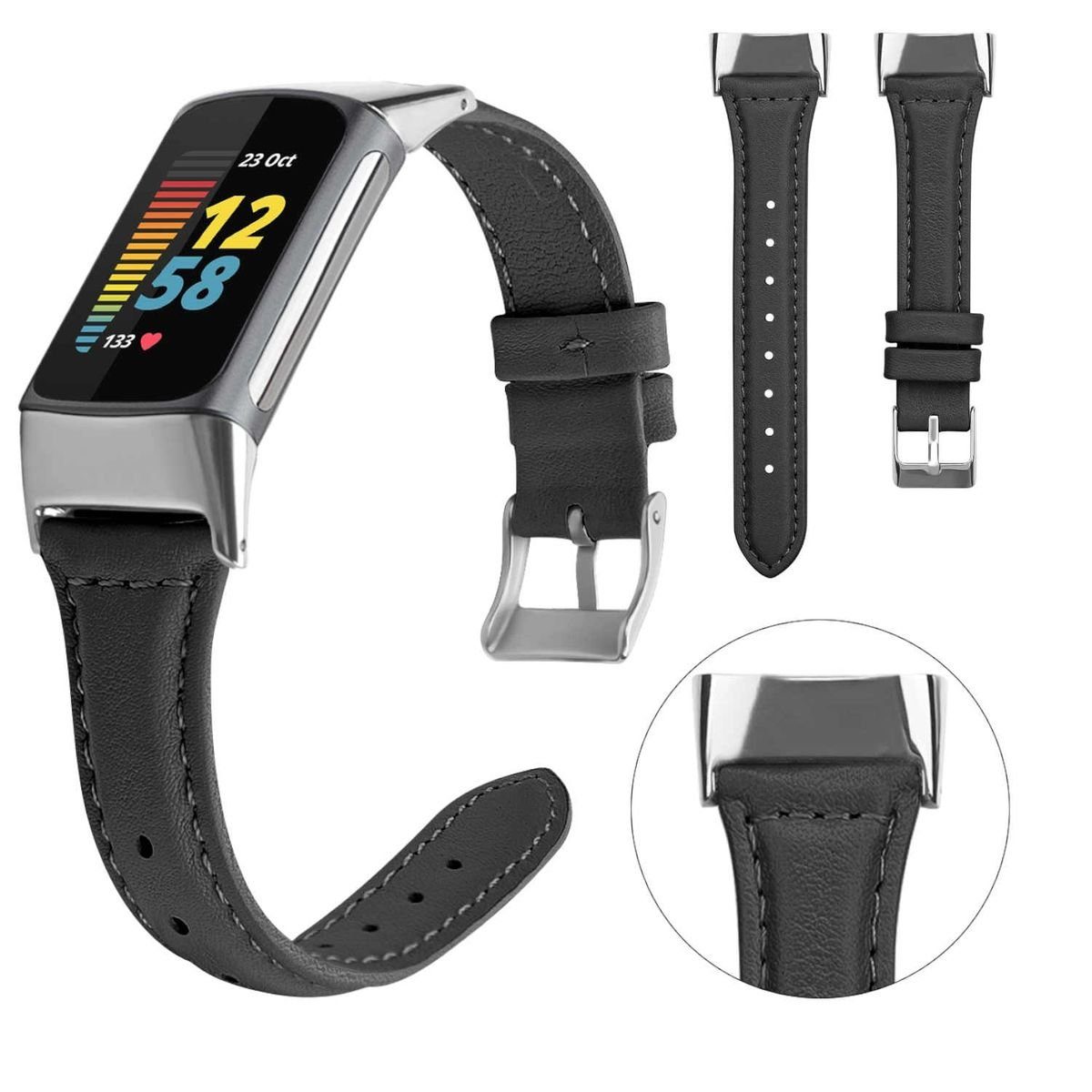 Wigento Smartwatch-Armband Für Fitbit Charge 6 / 5 Leder Watch Armband Männer Größe L Schwarz | Uhrenarmbänder