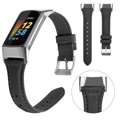 Wigento Smartwatch-Armband Für Fitbit Charge 6 / 5 Leder Watch Armband Männer Größe L Schwarz