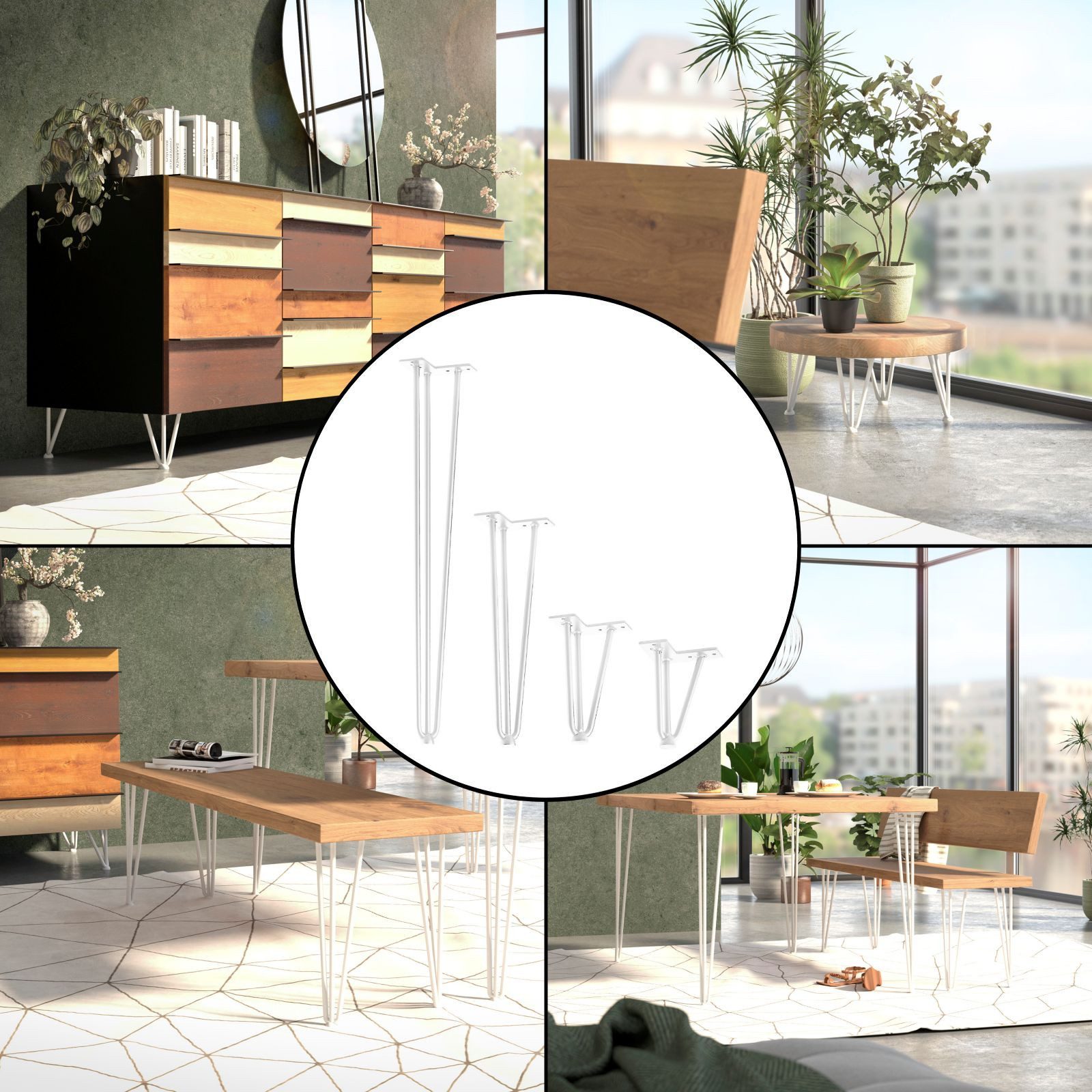 SO-TECH® Tischbein Haarnadelbeine mit Bodenschutz Montageplatte 12x12cm, weiß lackiert Höhe 150 mm (Rundstahl)