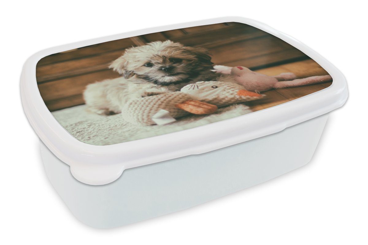 MuchoWow Lunchbox Ein Shih Tzu-Hund, der auf dem Boden kuschelt, Kunststoff, (2-tlg), Brotbox für Kinder und Erwachsene, Brotdose, für Jungs und Mädchen weiß | Lunchboxen