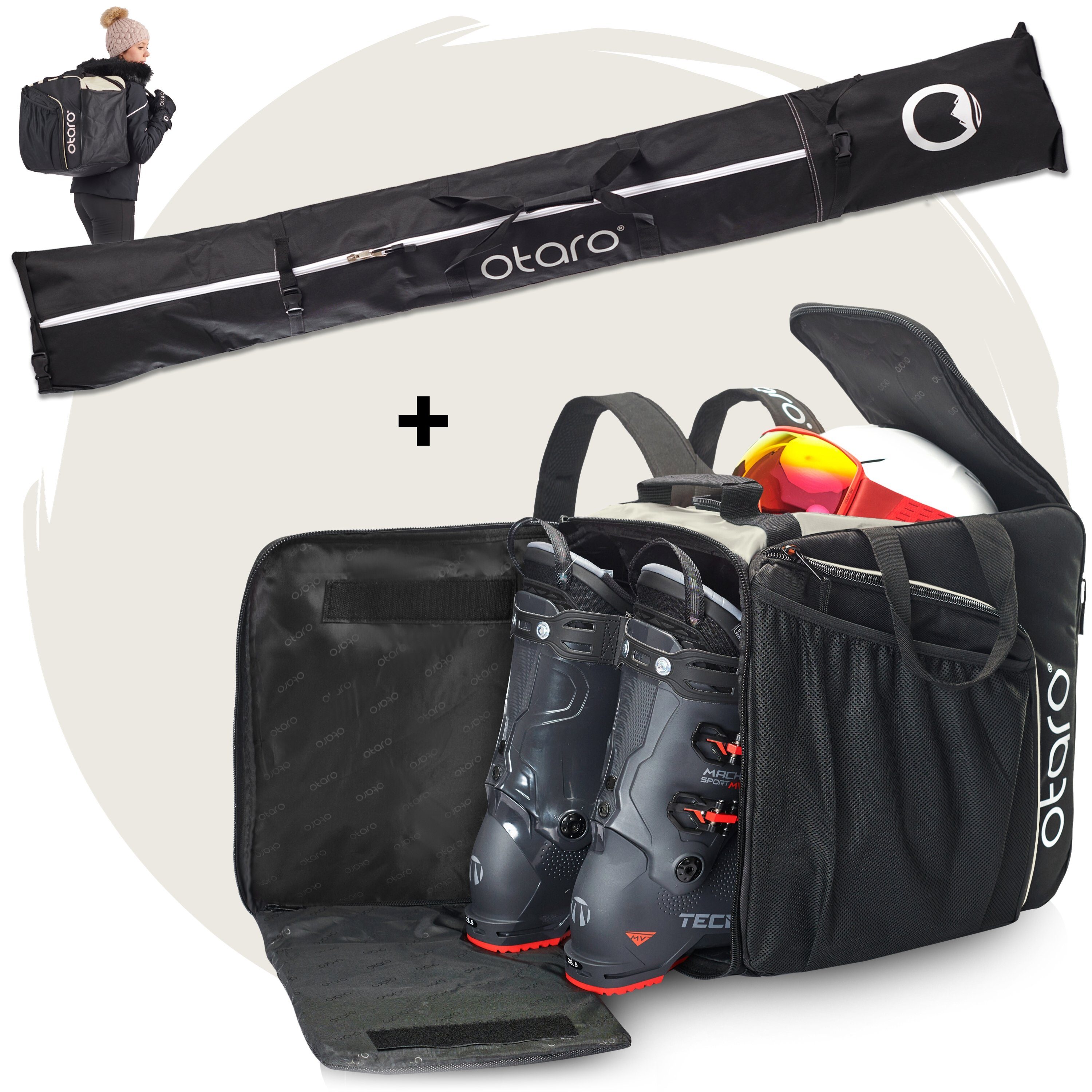 Otaro Sporttasche SET: Skischuhtasche & Skitasche, Pro-Set für 1 Paar Ski Felsgrau (Schutz für deine Ausrüstung, 2-tlg., für 1 Paar Ski + Stöcke)