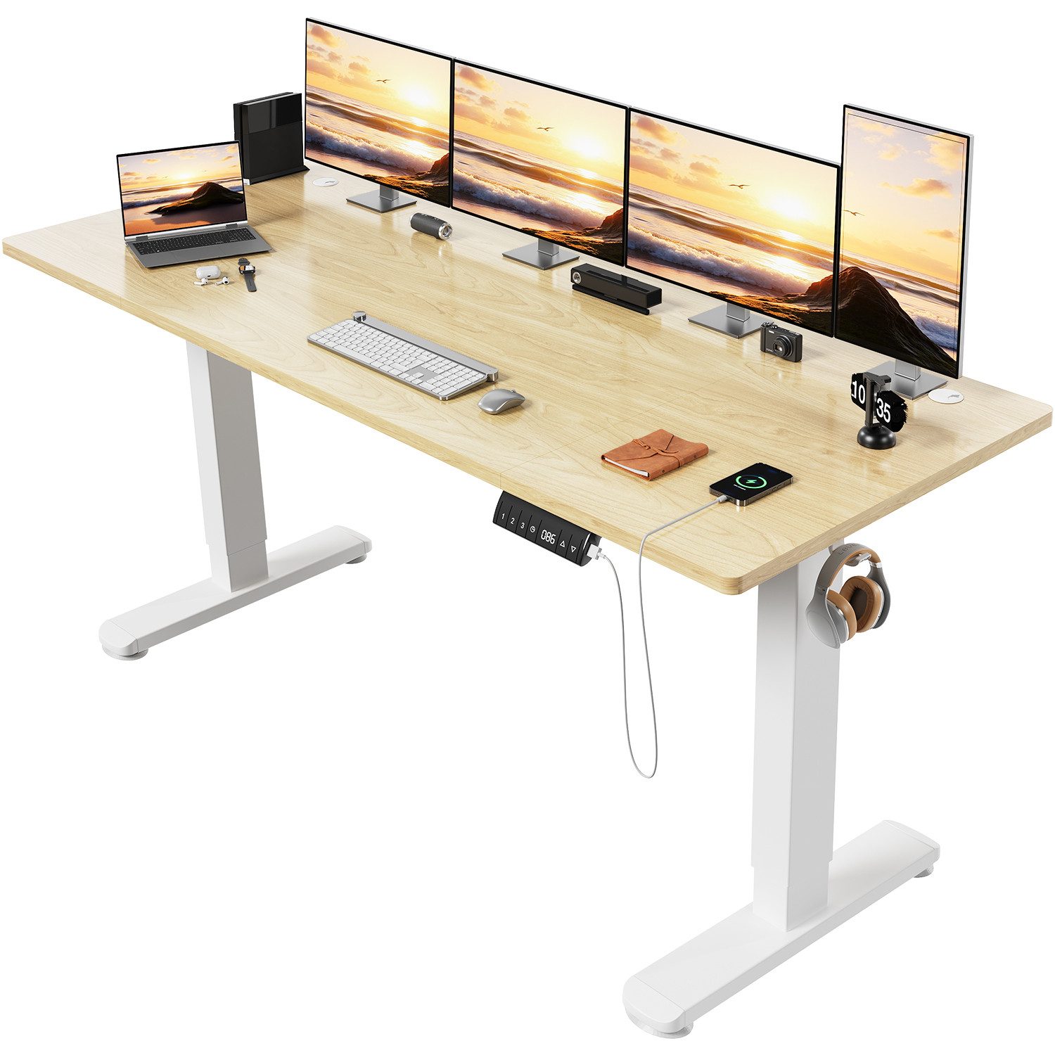 HOMALL Schreibtisch Höhenverstellbarer Elektrisch Schreibtisch, Vierteilige Tischplatte (Große Größe 140*70cm 160/180*80cm, mit USB-Ladeanschluss, einstellbare 3-stufige Höhe)