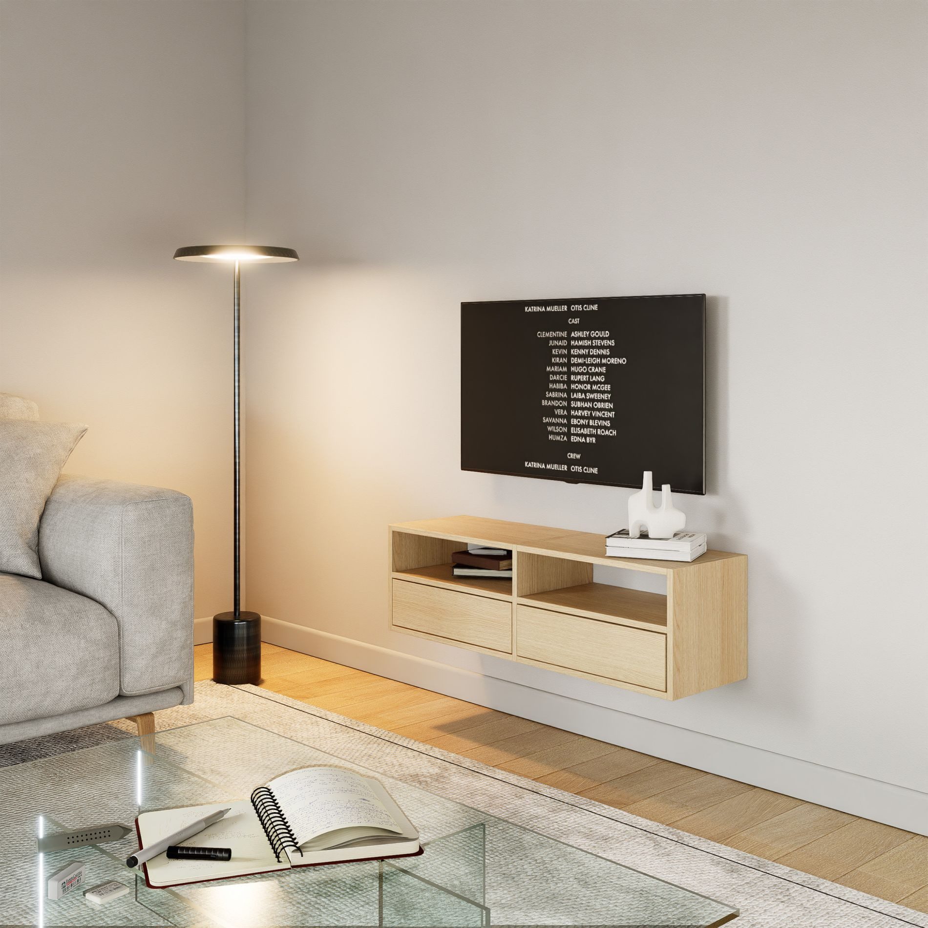 Selsey TV-Schrank FRAMME TV-Lowboard hängend 150 und 100 cm, mit Fächern und Ablagen