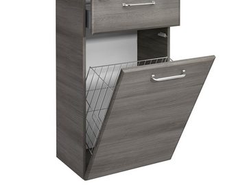 möbelando Hochschrank Carrie Hochschrank, Korpus aus Spanplatte melaminharzbeschichtet und Front aus MDF in Graphit Struktur quer Nachbildung mit 2 Drehtüren, 2 Glaseinlegeböden, 1 Schubkasten und 1 Wäschekippe. Breite 50 cm, Höhe 185,5 cm, Tiefe 33 cm.