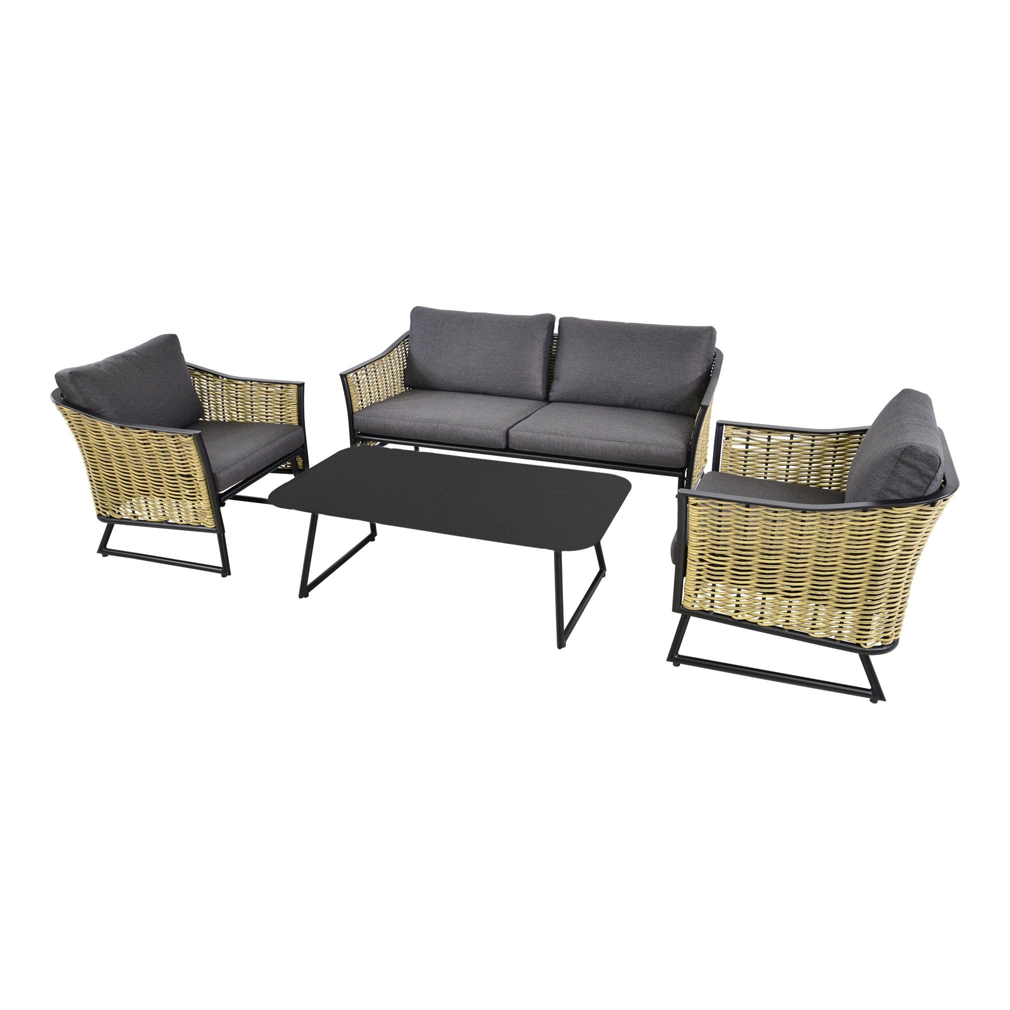 Gartenlounge-Set 2-Sitzer, 2 Sessel, Tisch, Geflecht natur, inkl Kissen dunkelgrau