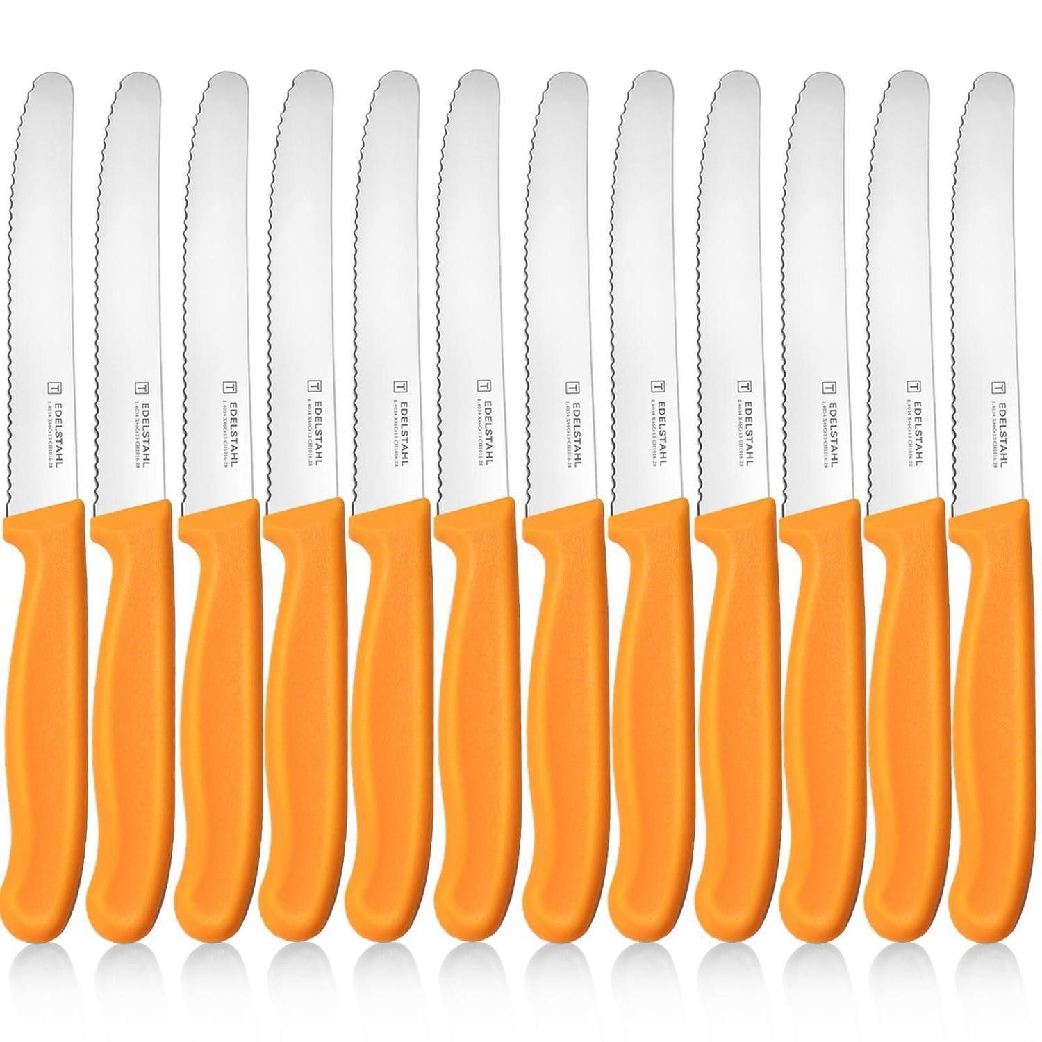 LuxusKollektion Tafelmesser Frühstücksmesser 12tlg Orange Wellenschliff Rostfrei