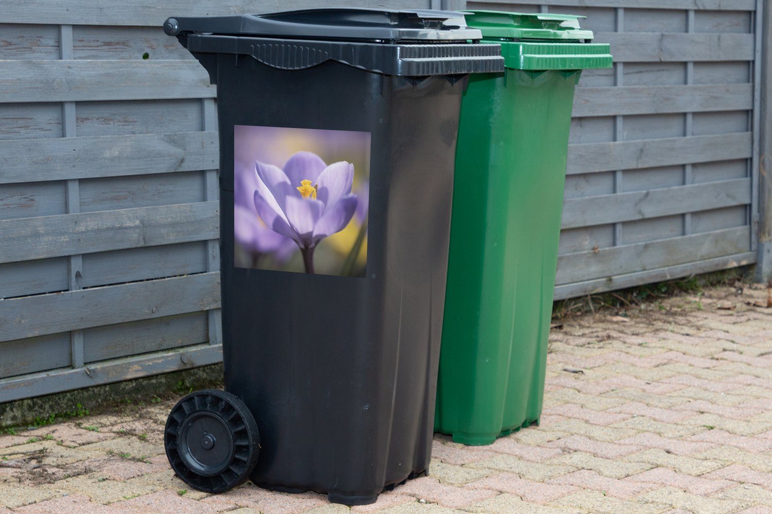 MuchoWow St), Wandsticker - Mülleimer-aufkleber, Sticker, (1 Krokus Mülltonne, - Container, Lila Abfalbehälter Frühling