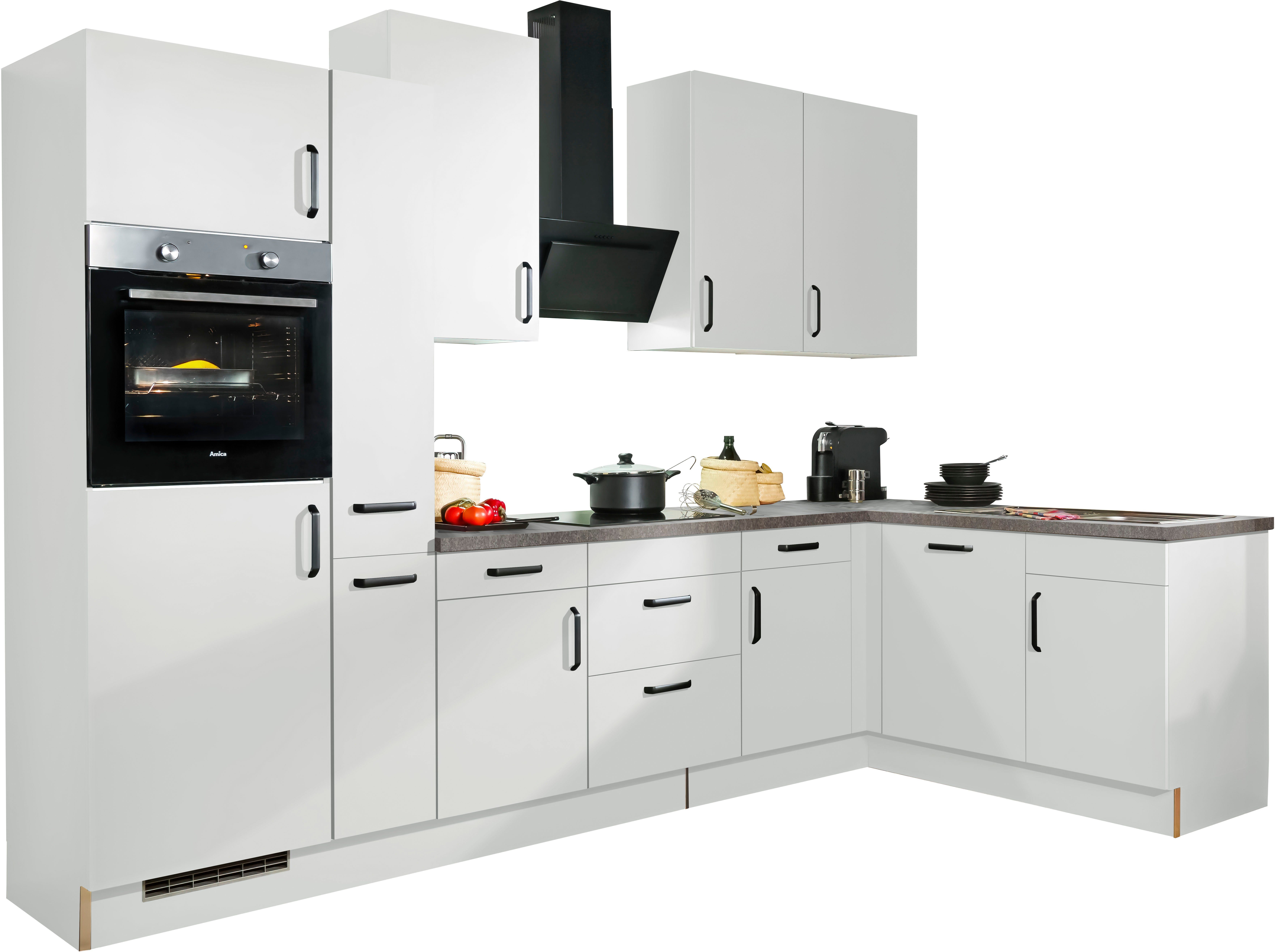 wiho Küchen Winkelküche "Simi", mit verstellbaren Füßen, wahlweise mit E-Geräten, Soft-Close-Funktion in Schubkästen & Auszügen, Stellbreite 315/175 cm