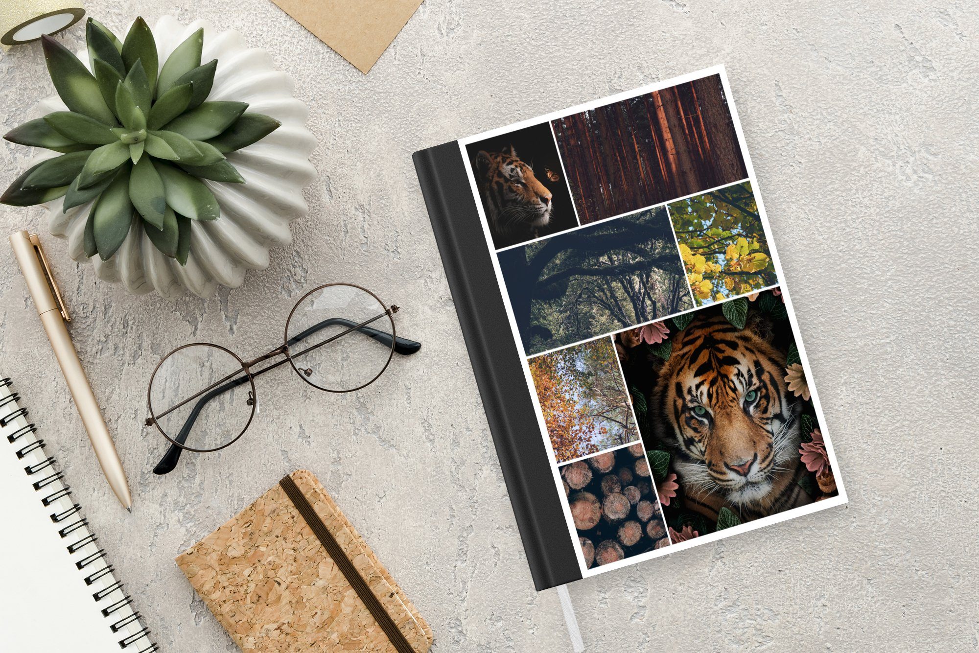 MuchoWow Notizbuch Tiger Haushaltsbuch A5, Blumen, - Merkzettel, - Notizheft, 98 - Bäume Seiten, Journal, Collage Tagebuch