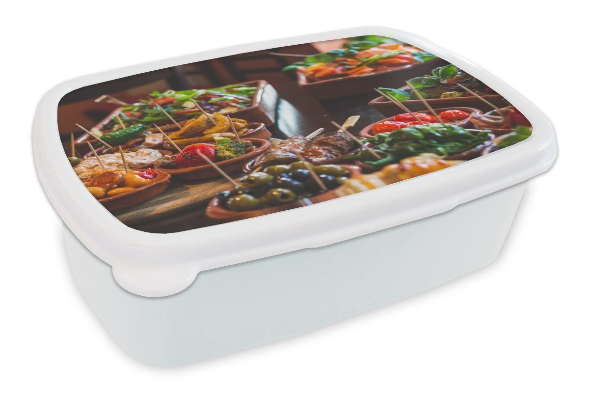 MuchoWow Lunchbox Spanische Küche - Tapas - Schüsseln, Kunststoff, (2-tlg), Brotbox für Kinder und Erwachsene, Brotdose, für Jungs und Mädchen weiß