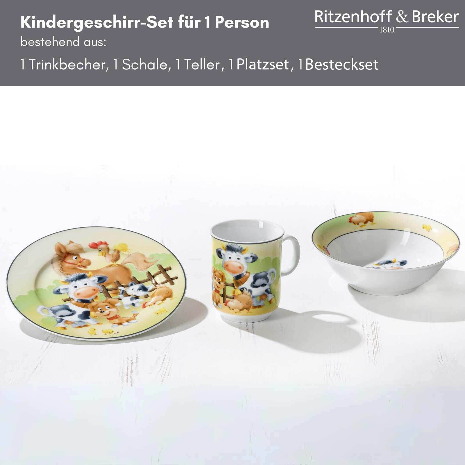 Ritzenhoff & Breker Kindergeschirr-Set Hoftiere Kindergeschirr mit Platzset & Besteck (8-tlg), Porzellan