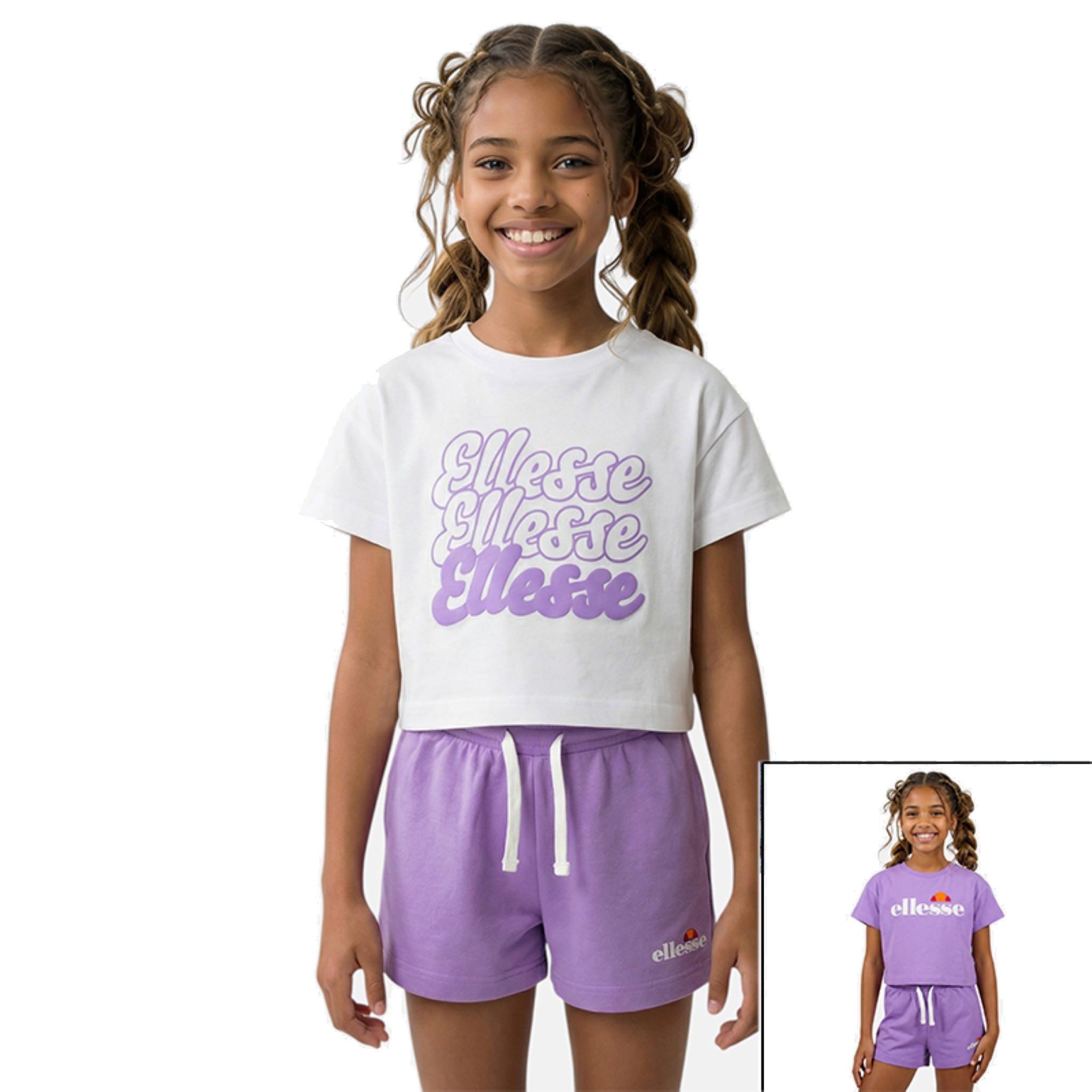 Ellesse Hose & Shorts ellesse Mädchen Sport-Set: 2 Crop-Shirts & Shorts, lila Gr. 128-164 (Set, 3Teile: Shorts+2Shirts)