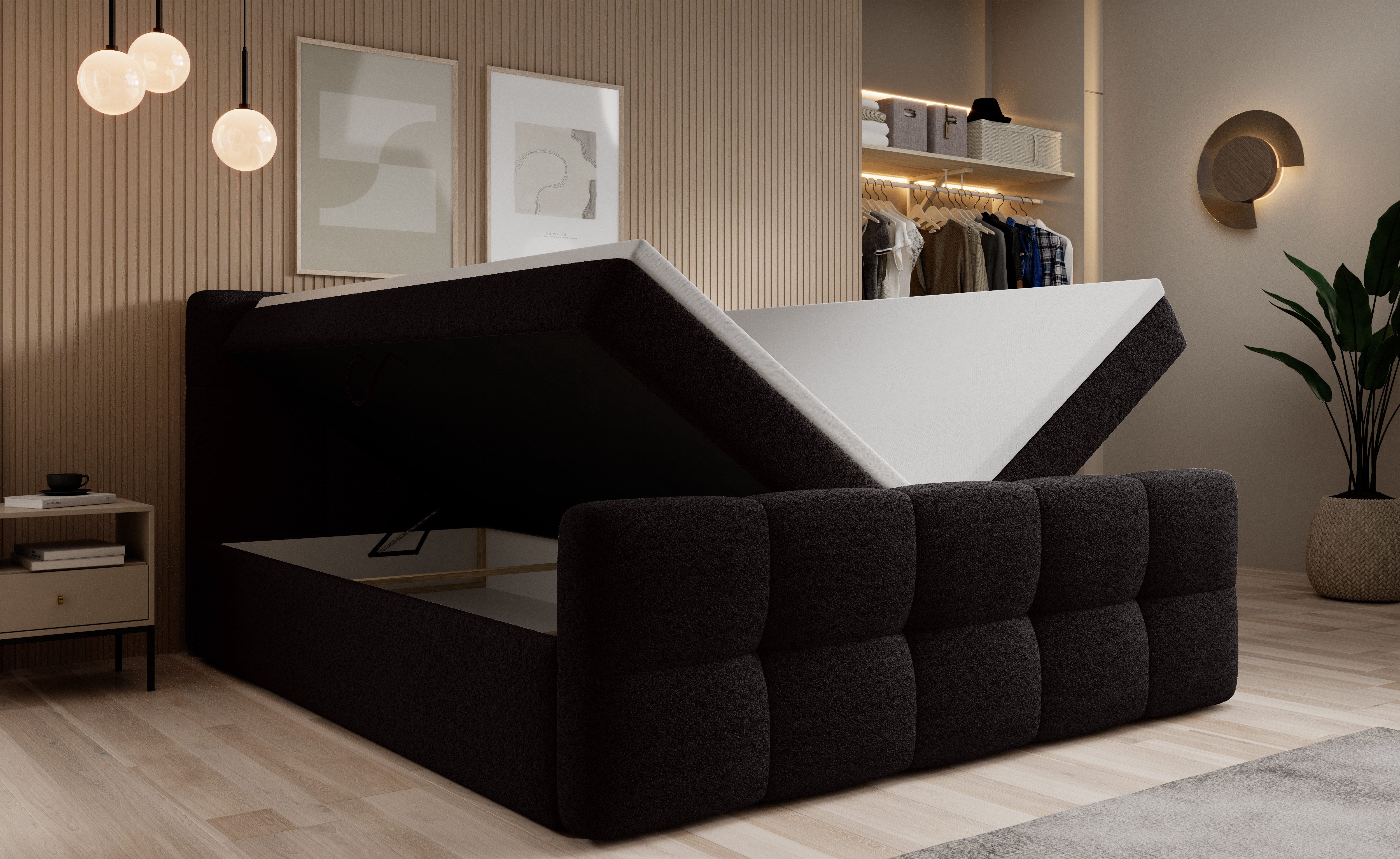 thematys Boxspringbett mit Bettkasten 140x200–200x200 cm – Velours oder Bouclé Bezug – (Polsterbett Bonnellfederkern Matratze H3 + Gratis 3cm Topper, Boxbett - Luxus Doppelbett mit Stauraum)