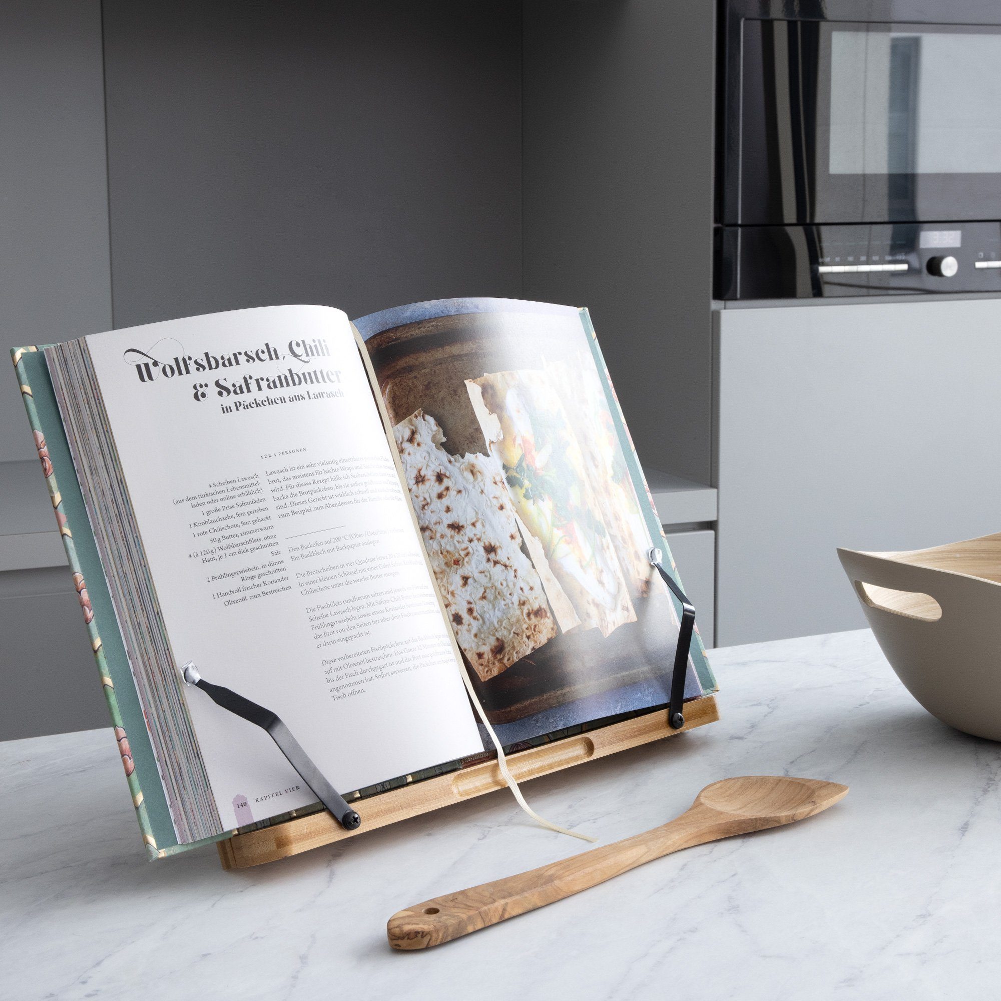 33x24cm - Schreibtisch Buch Stand für Buchstütze, - aus Buchhalter für Navaris Holz iPad Kochbuch Bambus braun - Buchständer aus Ständer Halter Küche