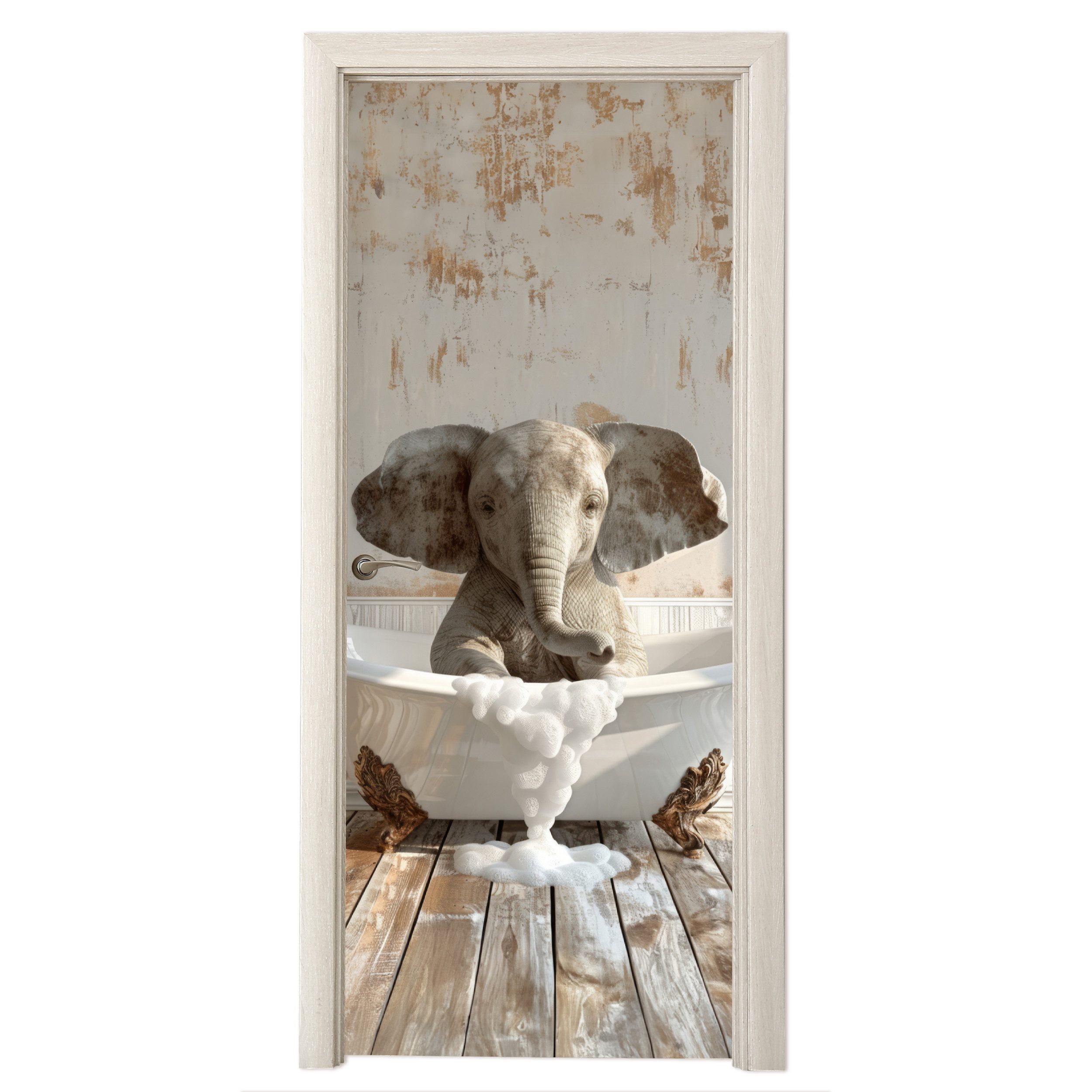 MuchoWow Türtapete Vintage - Elefant - Badewanne - Schaumstoff - Wildlife, Matt, bedruckt, (1 St), Selbstklebende Tapete, Folie für Möbel, 70x215 cm