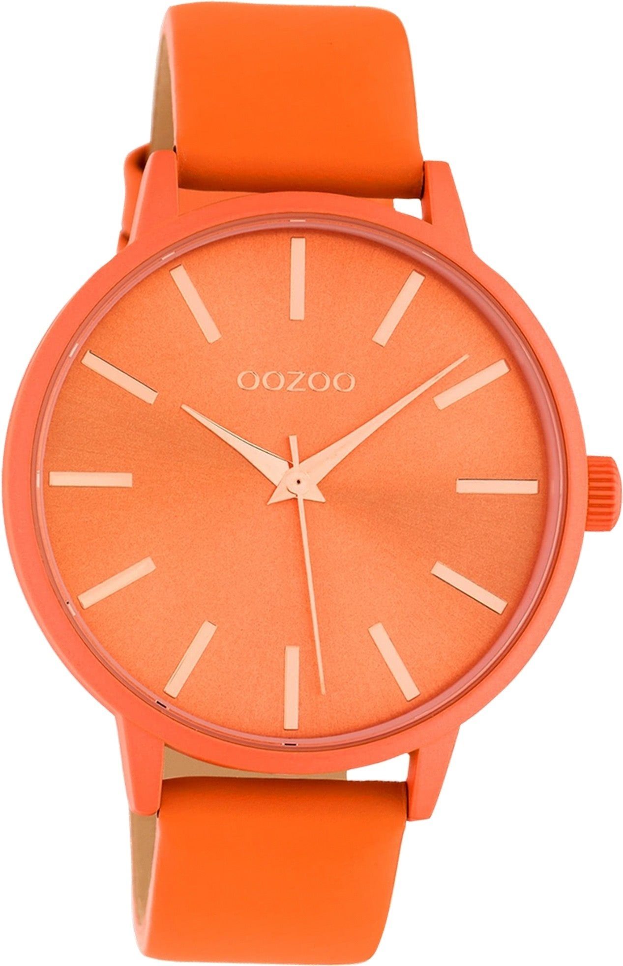 OOZOO Quarzuhr Oozoo Leder Damen Uhr C10614 Analog, Damenuhr Lederarmband orange, rundes Gehäuse, groß (ca. 42mm)
