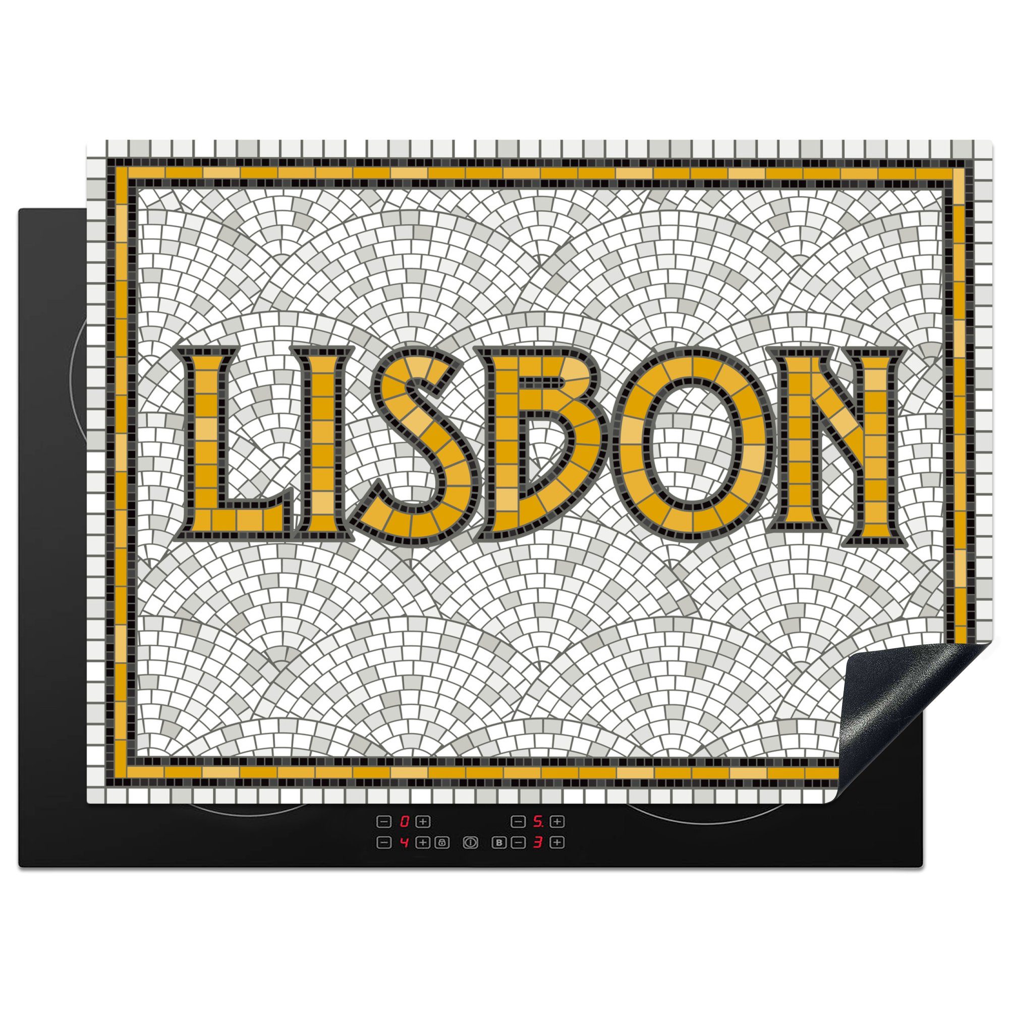 MuchoWow Herdblende-/Abdeckplatte Mosaik-Illustration des Stadtnamens Lissabon, Vinyl, (1 tlg), 70x52 cm, Mobile Arbeitsfläche nutzbar, Ceranfeldabdeckung