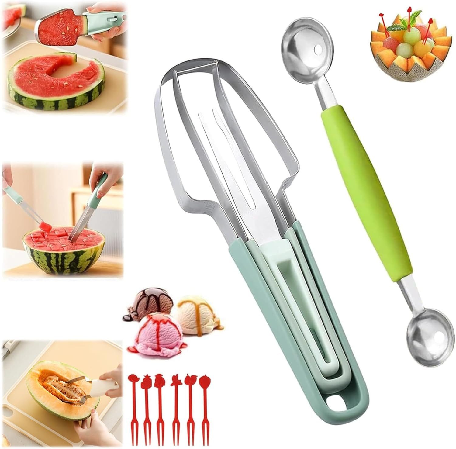 FELIXLEO Obstschneider Melonenschneider 3 in 1 Edelstahl Obstgabel Melonenausstecher, (1-tlg)