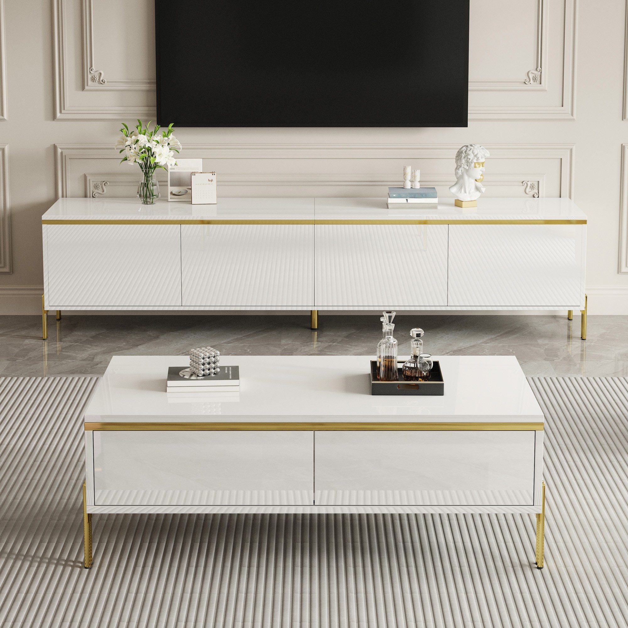 OKWISH Couchtisch Fernsehschrank-Set 170x50x38 cm + 100x50x36 cm, hochglänzend (Packung, 2-St., mit 4 Türen und 2 großen Schränken), Couchtisch mit 2 Schubladen