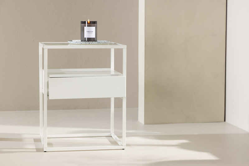 BOURGH Beistelltisch FORTALEZA Nachttisch 40x40cm - mit Glasplatte Gestell in weiß