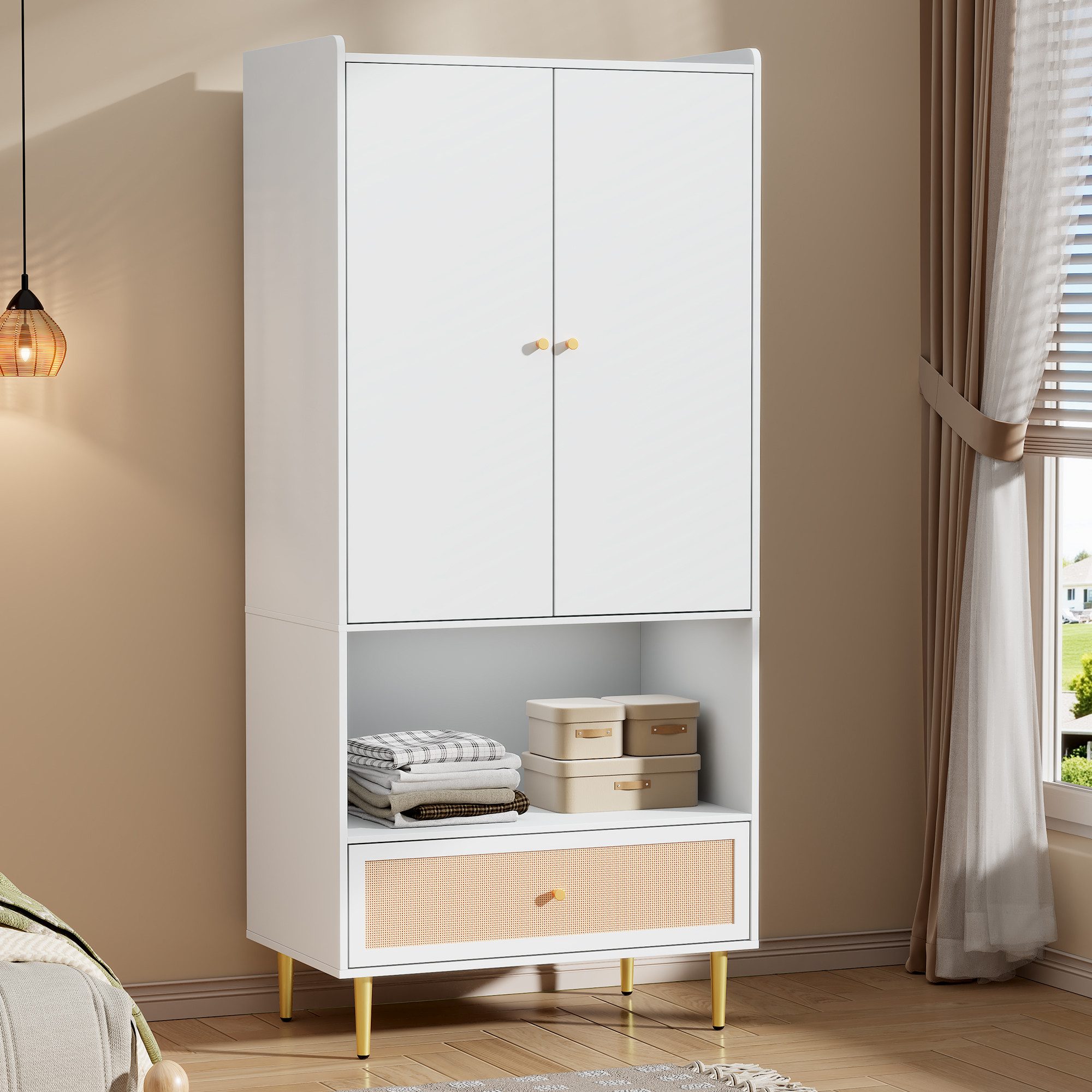 STILVORA Garderoben-Set Kleiderschrank mit Schublade & Kleiderstange für Wohn-,Schlaf und Flur, (Kleiderschrank– mit Rattan-Schublade Natural+White, 1-St., B48/T80/H175 cm)