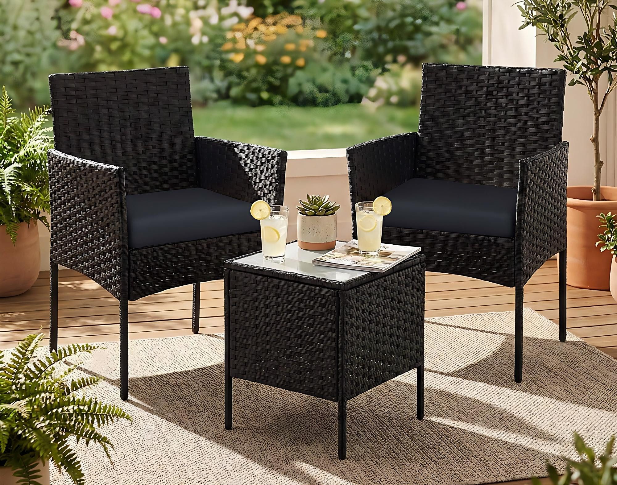SONGMICS Gartenlounge-Set Balkonmöbel, Tisch und 2 Stühle, für Terrasse, Balkon, Garten, (3-tlg., 2 Gartenstuhl, 1 Gartentisch, mit Kissen), Gartenmöbel-Set, aus PE-Polyrattan, Terrassenmöbel, schwarz-grau