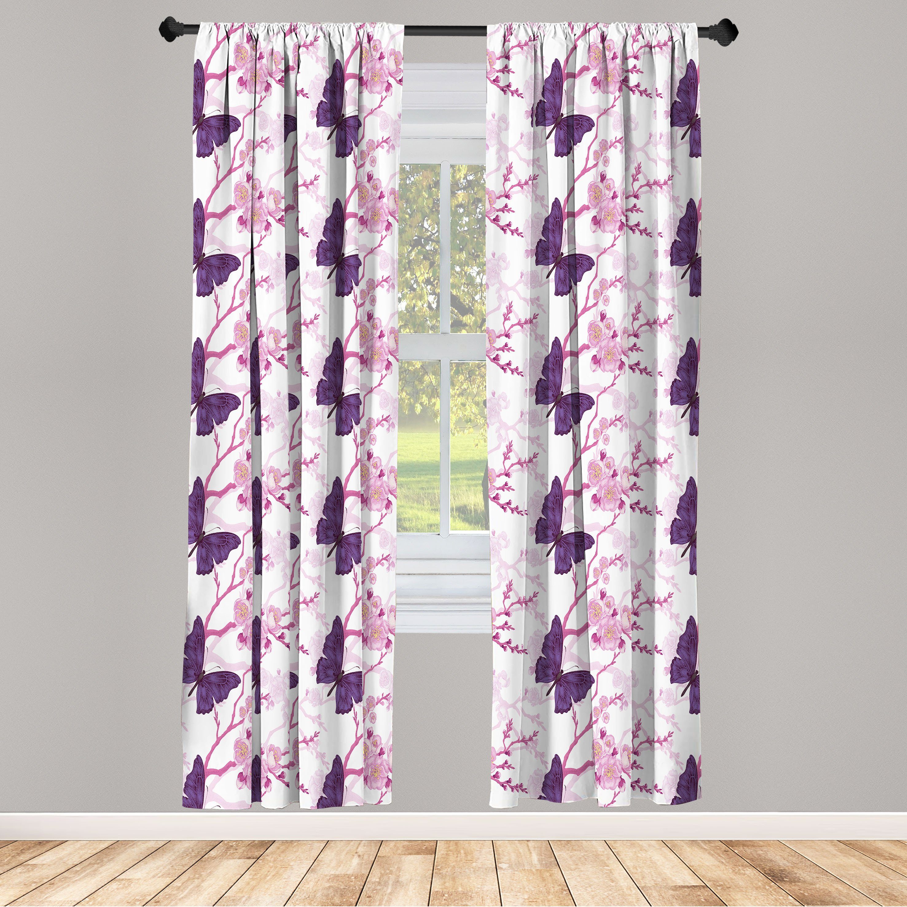 Gardine Vorhang für Wohnzimmer Schlafzimmer Dekor, Abakuhaus, Microfaser, Blumen Zarte Blumen Schmetterlinge