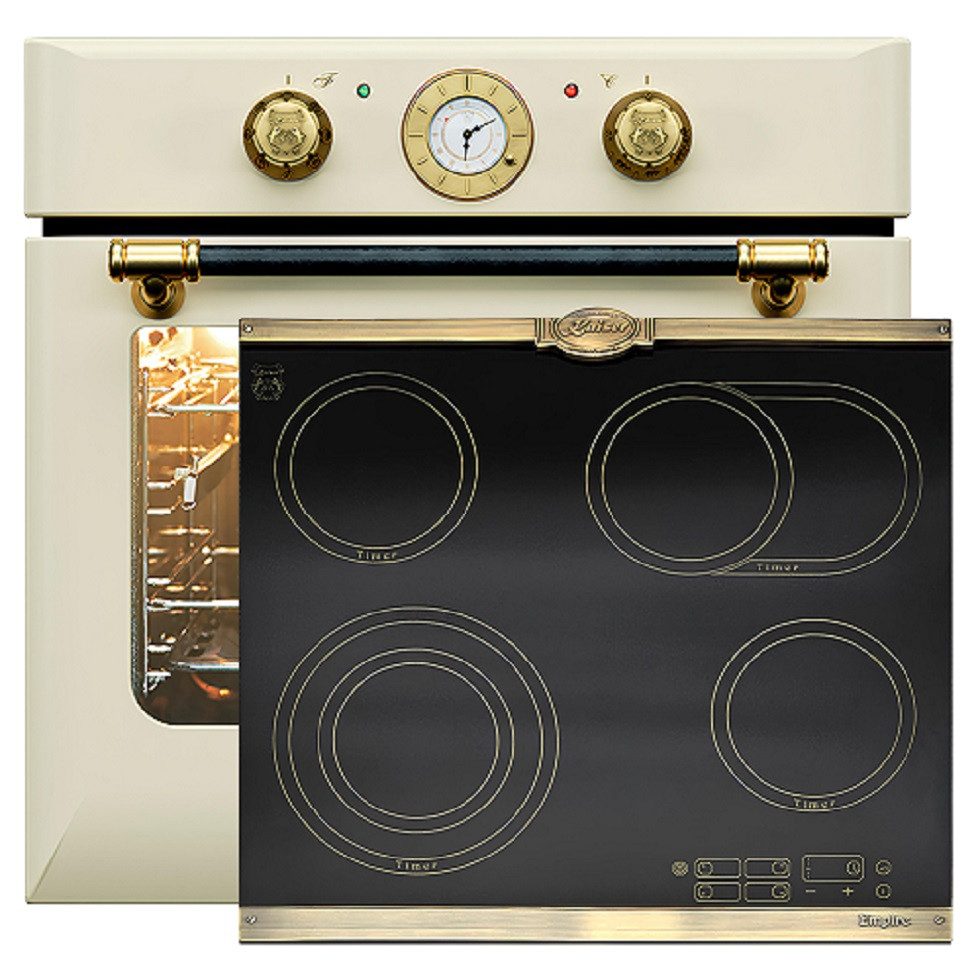 Kaiser Küchengeräte Backofen-Set Herd Set Autark Retro Einbau Backofen Elektro, 68 L mit Glaskeramik Kochfeld 60cm Einbau Herd 4 QuickHeat-Kochzonen Hi-Light EH 6432 ElfBE+KCT 6185 Em.., mit 1-fach-Teleskopauszug