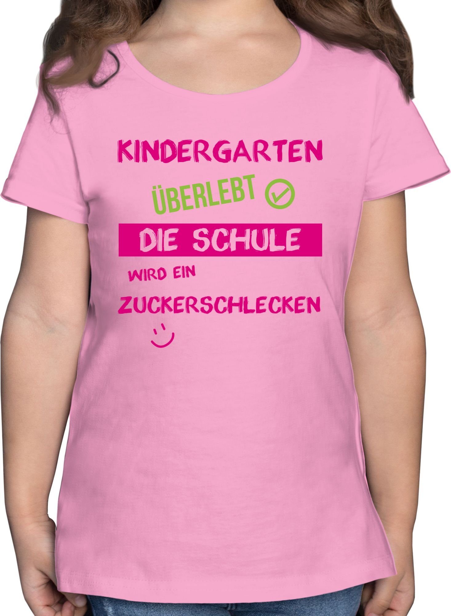 Shirtracer T-Shirt Kindergarten überlebt rosa Emoticon Einschulung Mädchen 2 Rosa