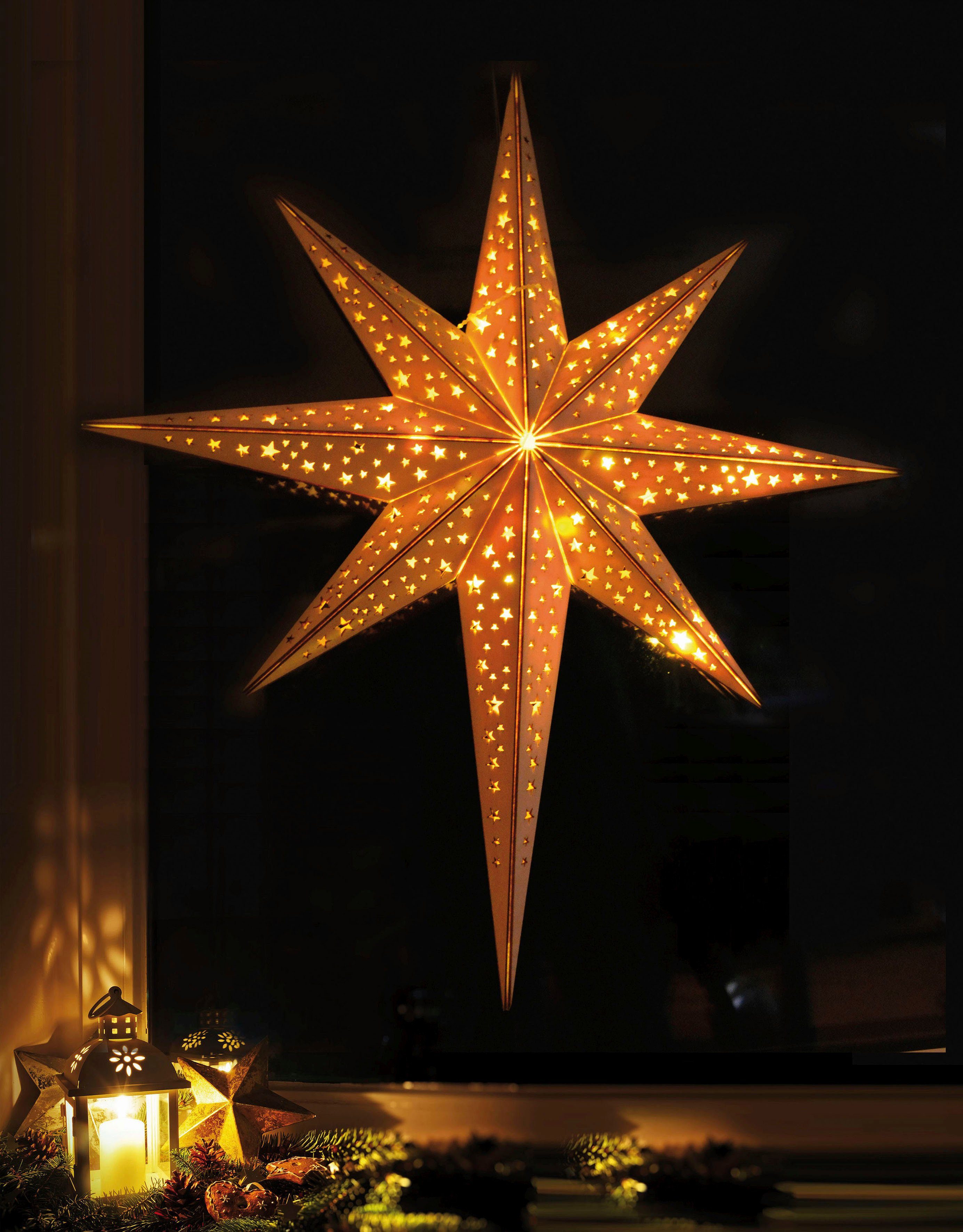 Stern 52 LED Holz, Holzstern fest Warmweiß, Sternenmuster, Winterworld LED integriert, ca. Batteriebetrieb, Ø Holzdeko mit IC cm, Dekostern, Weihnachtsdeko, aus Weihnachtsstern, Dekoobjet