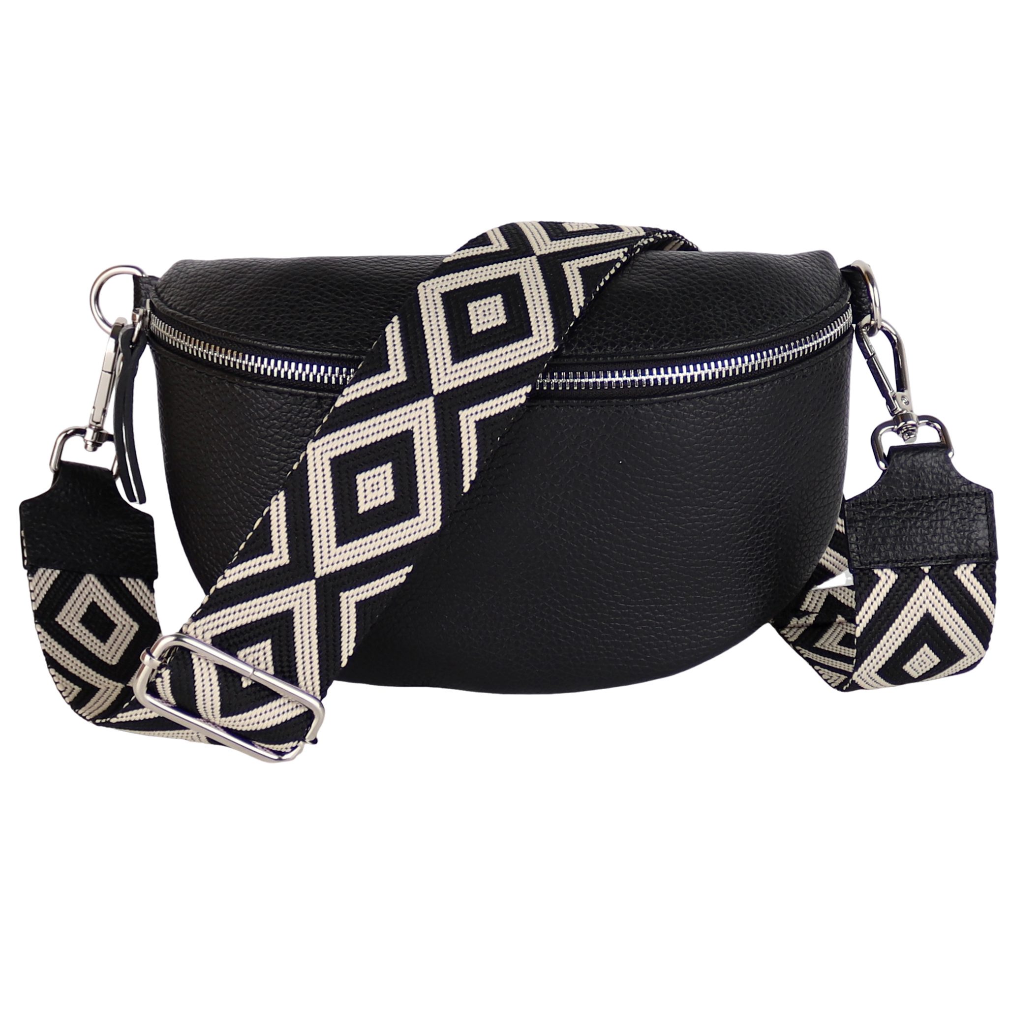 MIRROSI Bauchtasche Damen, Echtleder, Leder, Made in Italy, Umhängetasche, Brusttasche, (Schultertasche für jeden Anlass (1 Tasche & 2 Gurte), 3 Größen auswählbar), Crossbody Bag, Schwarz, gemusterten& verstellbaren Schulterriemen